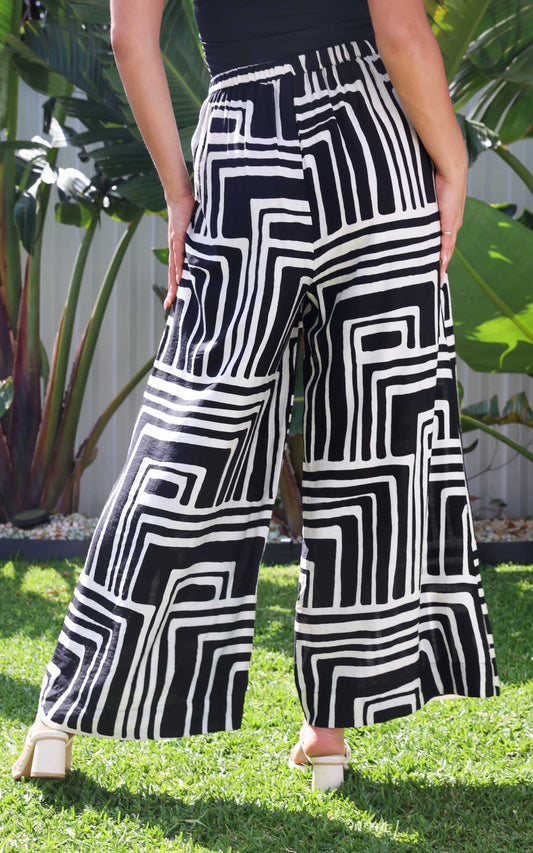 Saffron Wide Leg Pants - Black Cream Print