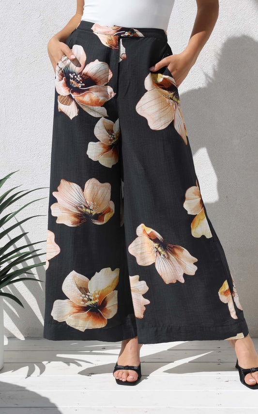 Saffron Wide Leg Pants - Black Floral