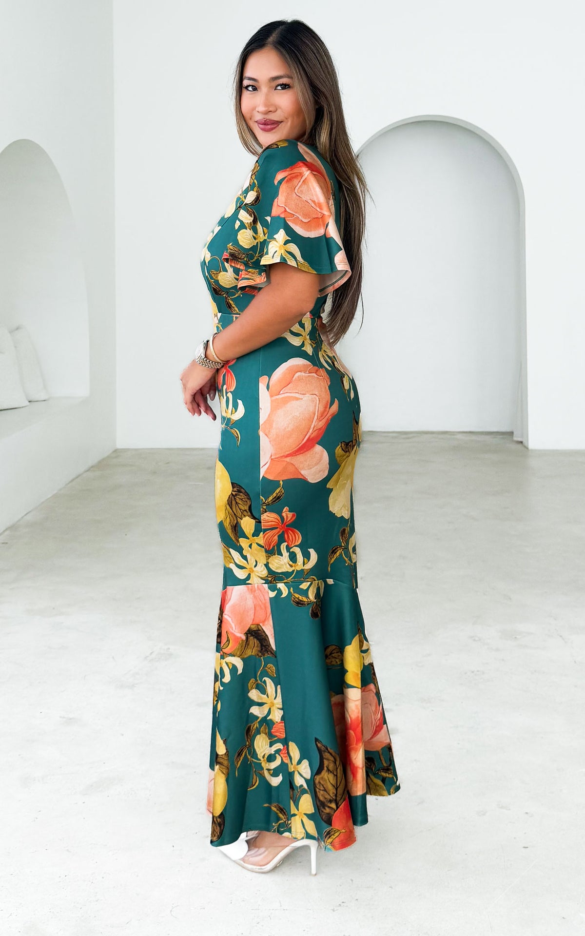 Safiya Maxi Dress - Teal Green Floral