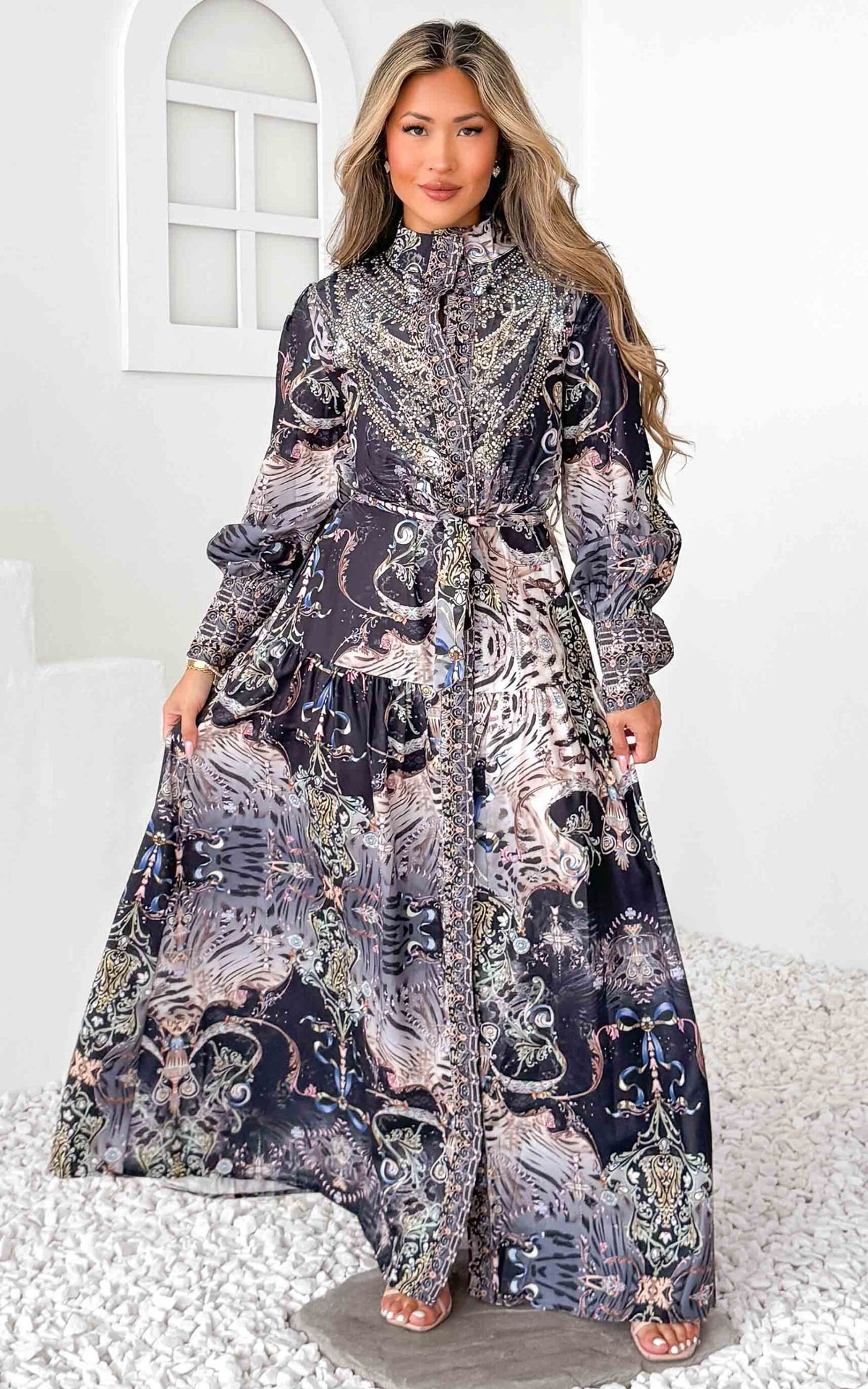 Sahara Night Sky Long Sleeve Maxi Dress -  Black Multi Print