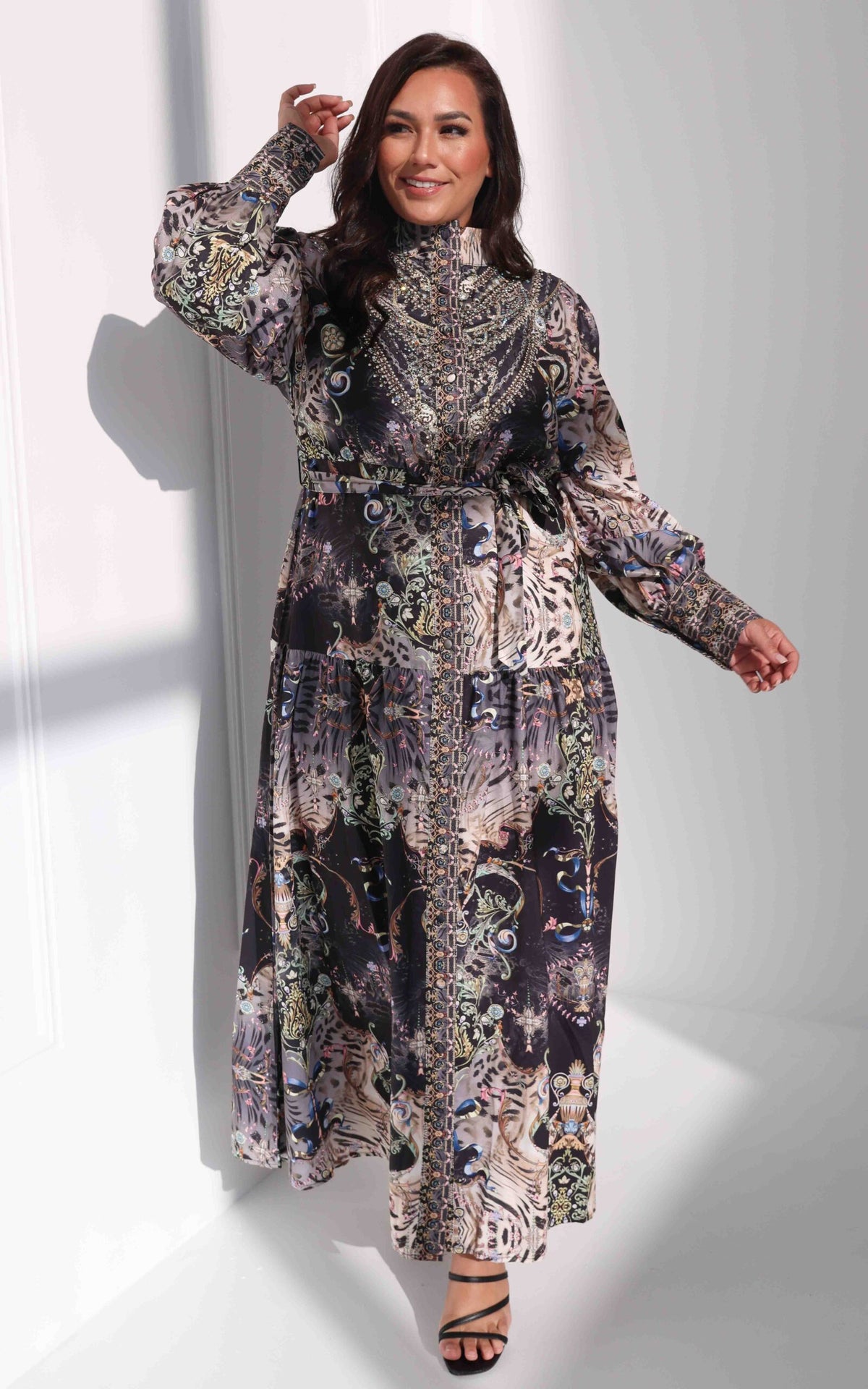 Sahara Night Sky Long Sleeve Maxi Dress -  Black Multi Print