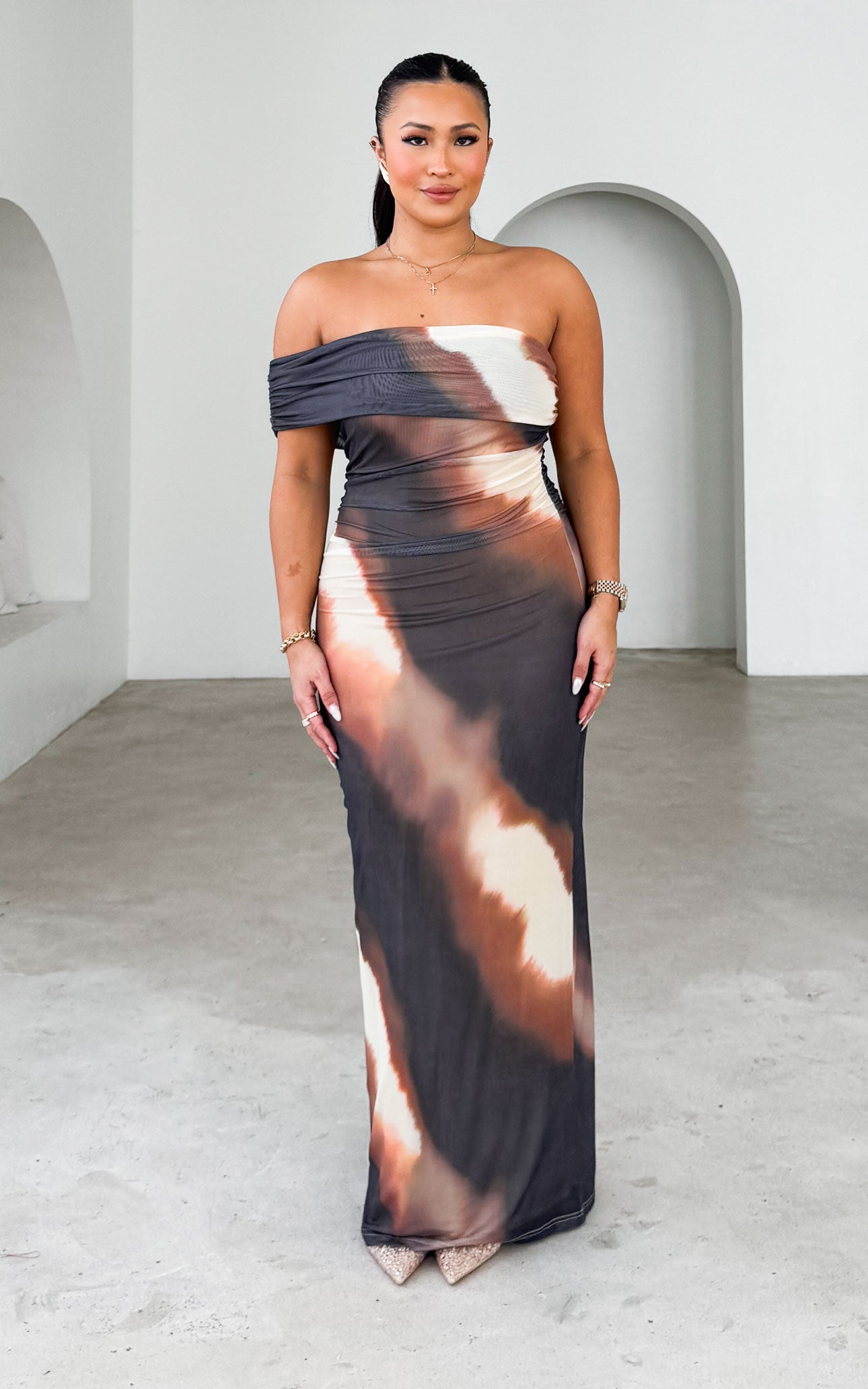 Salem Mesh Maxi Dress - Brown Multi Print