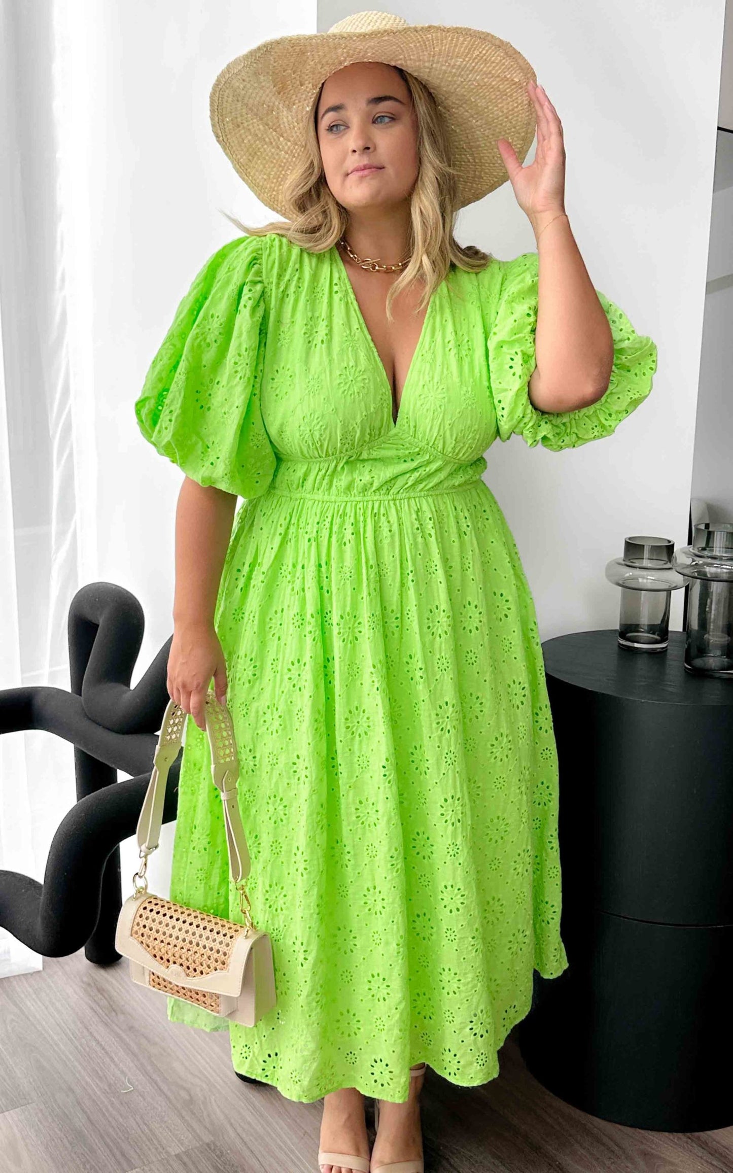 Sandee Maxi Dress - Apple Green Embroidered