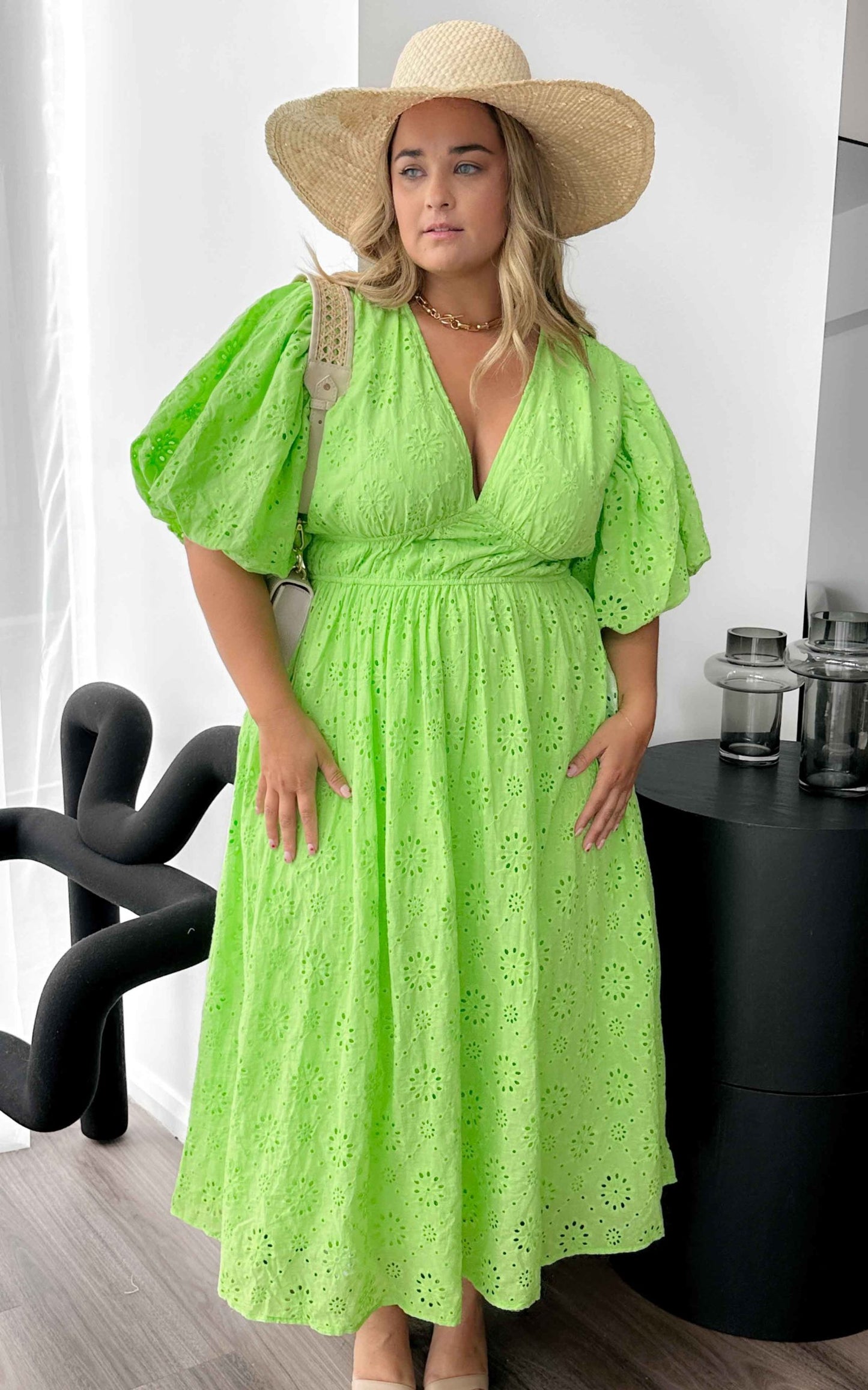 Sandee Maxi Dress - Apple Green Embroidered