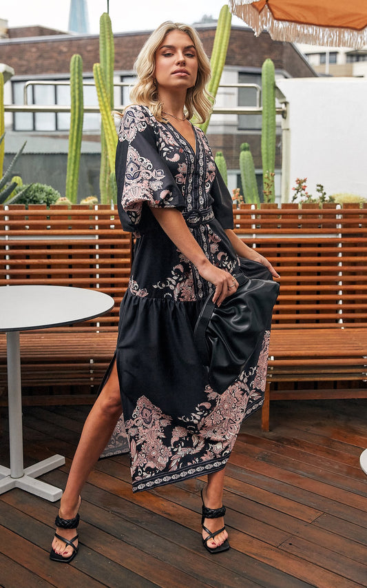 Santorini Maxi Dress - Black Pink Print