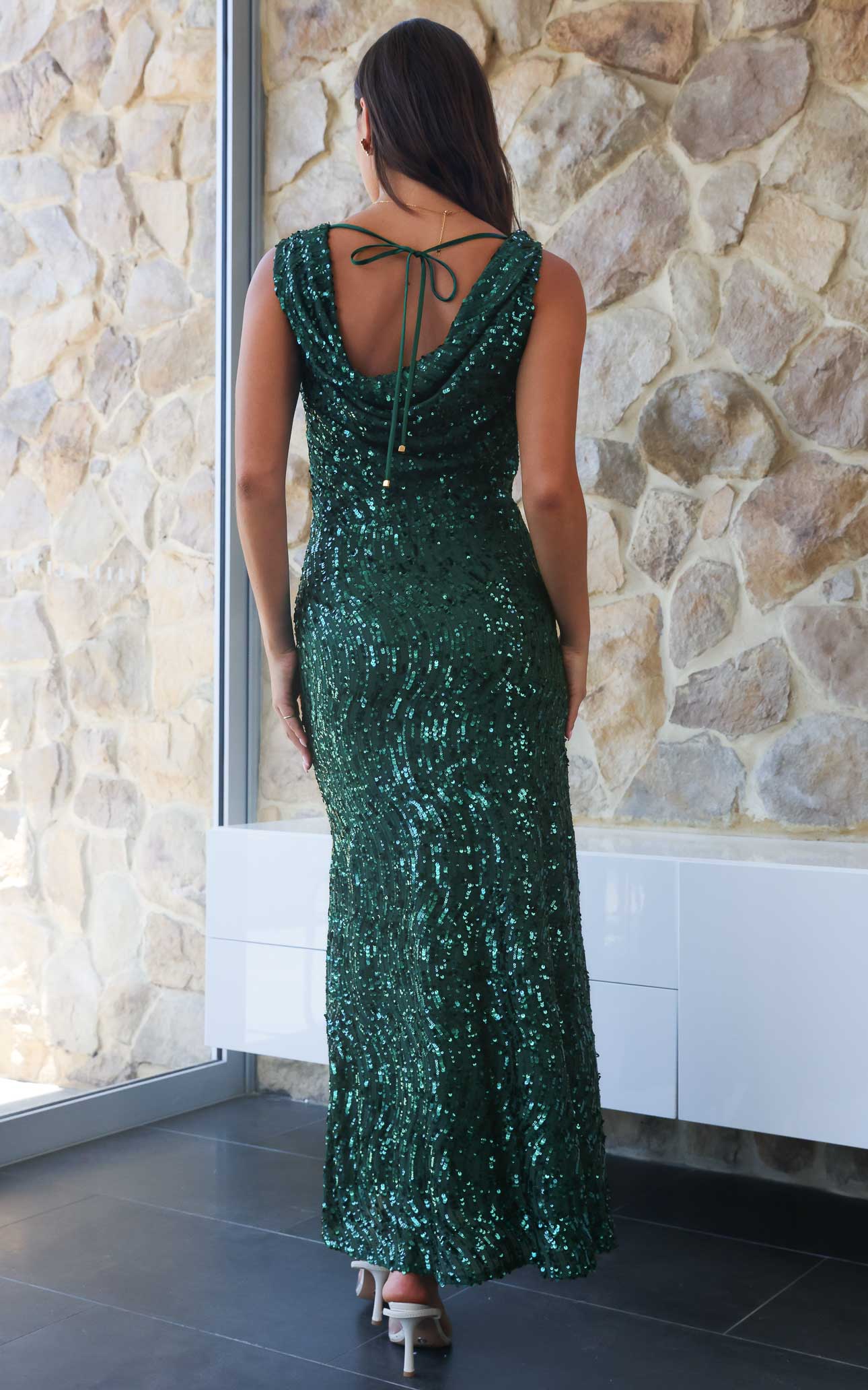 SCHIFFER COWL NECK OPEN BACK DRAPE TIE BIAS CUT MAXI DRESS - EMERALD GREEN SEQUIN By Amica SCHIFFER COWL NECK OPEN BACK DRAPE TIE BIAS CUT MAXI DRESS - EMERALD GREEN SEQUIN By Amica