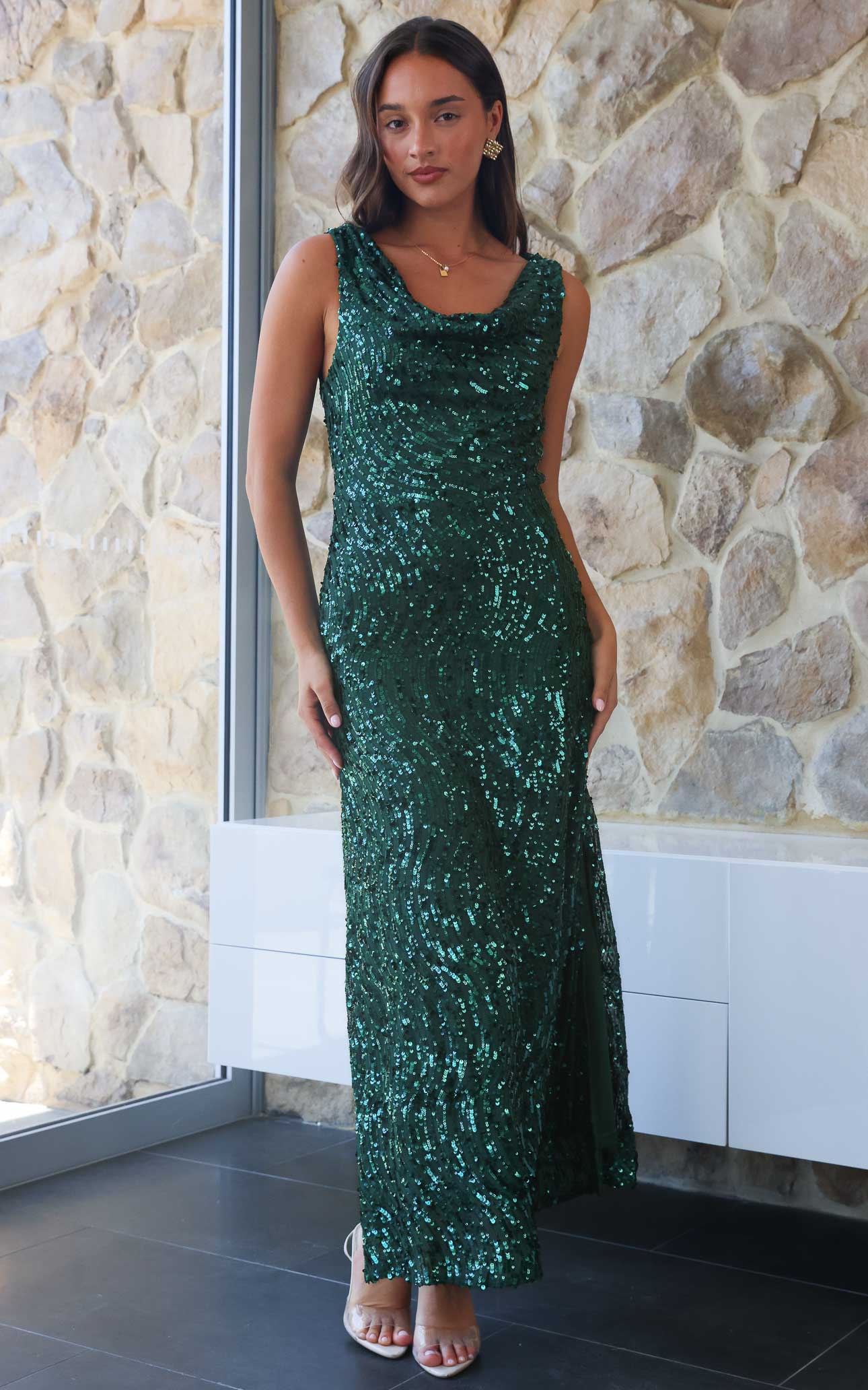 SCHIFFER COWL NECK OPEN BACK DRAPE TIE BIAS CUT MAXI DRESS - EMERALD GREEN SEQUIN By Amica SCHIFFER COWL NECK OPEN BACK DRAPE TIE BIAS CUT MAXI DRESS - EMERALD GREEN SEQUIN By Amica