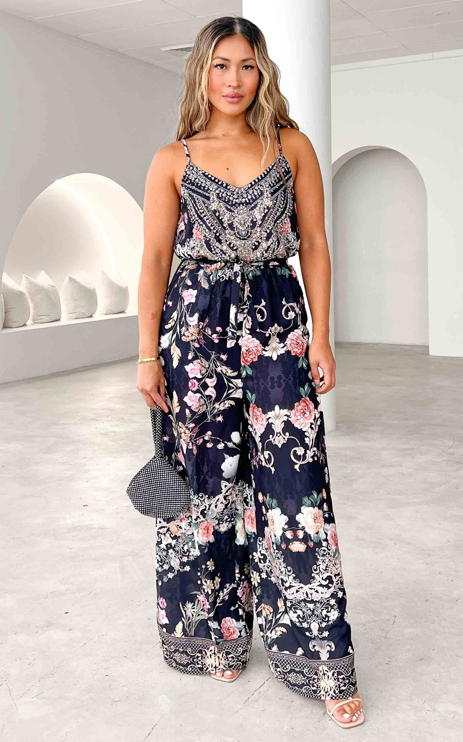 Shay Gem Embellished Wide Leg Jumpsuit – Black Floral