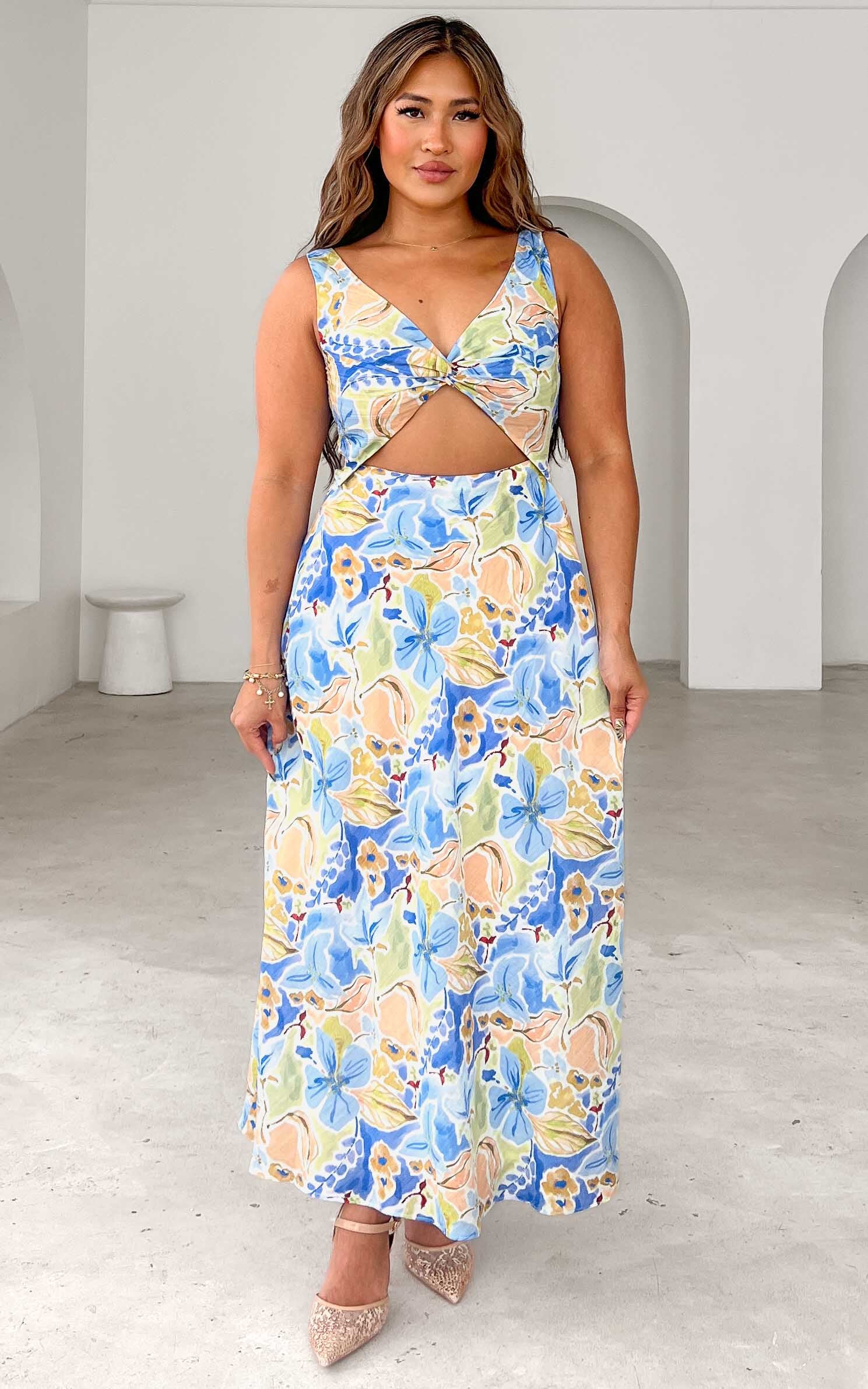 Shelby Shirred Back Panel Maxi Dress - Blue Multi Floral