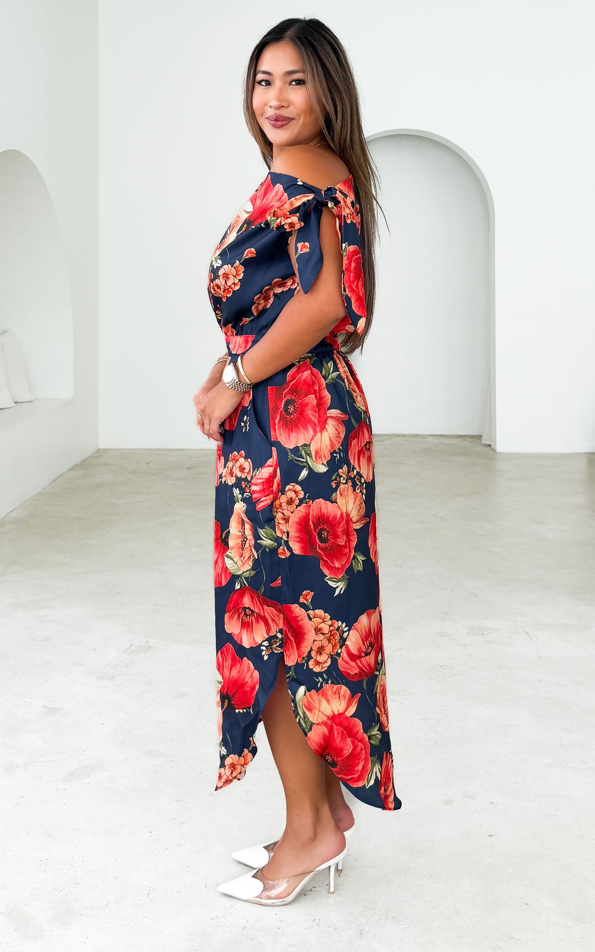 Solene Midi Dress - Navy Red Floral