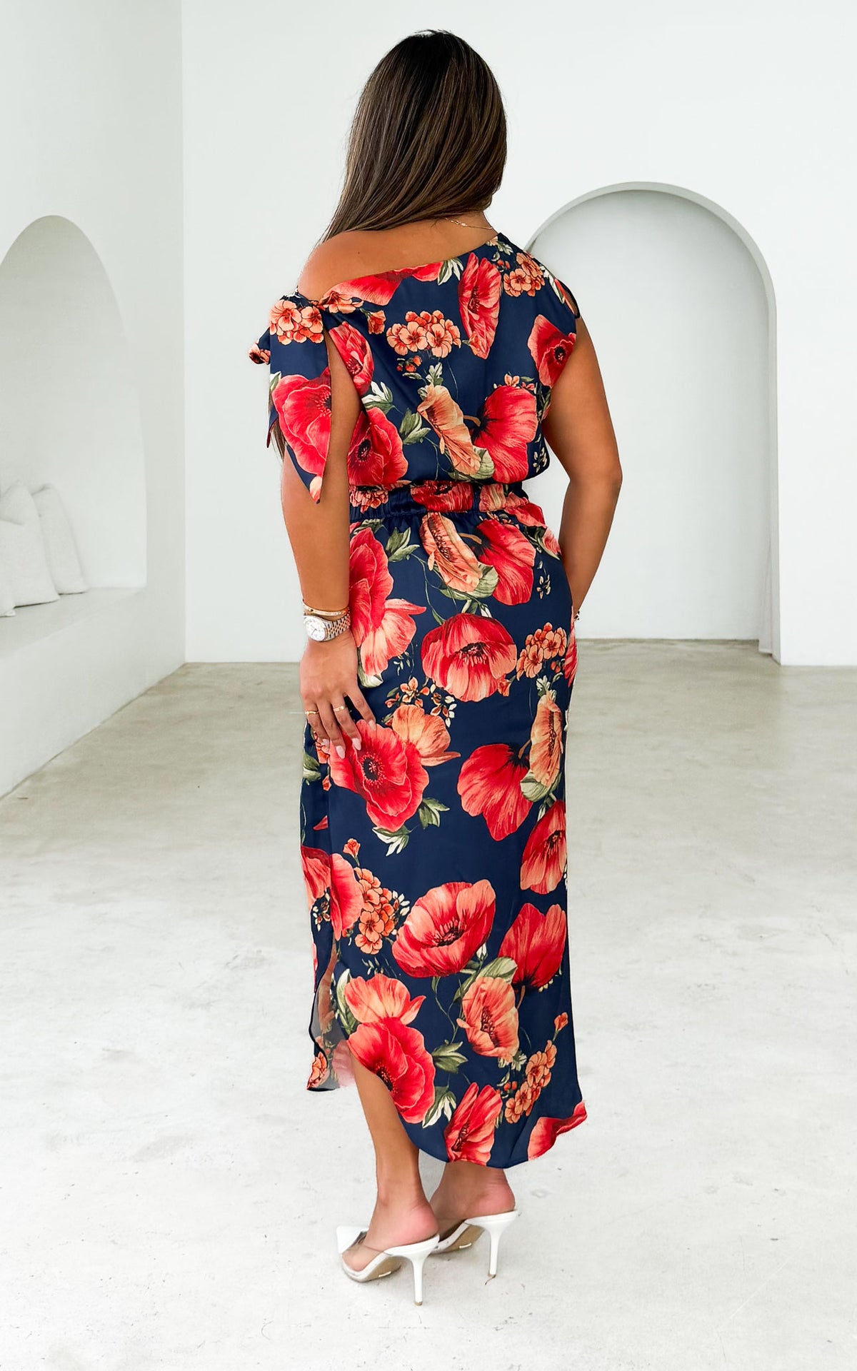 Solene Midi Dress - Navy Red Floral