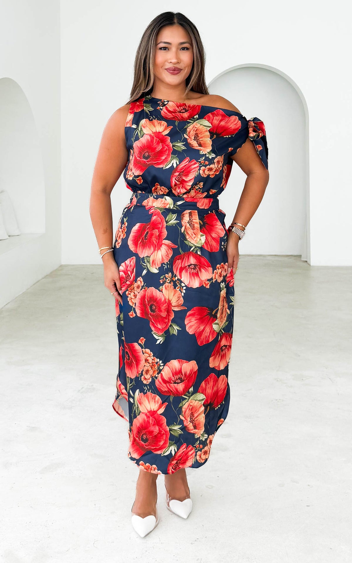 Solene Midi Dress - Navy Red Floral
