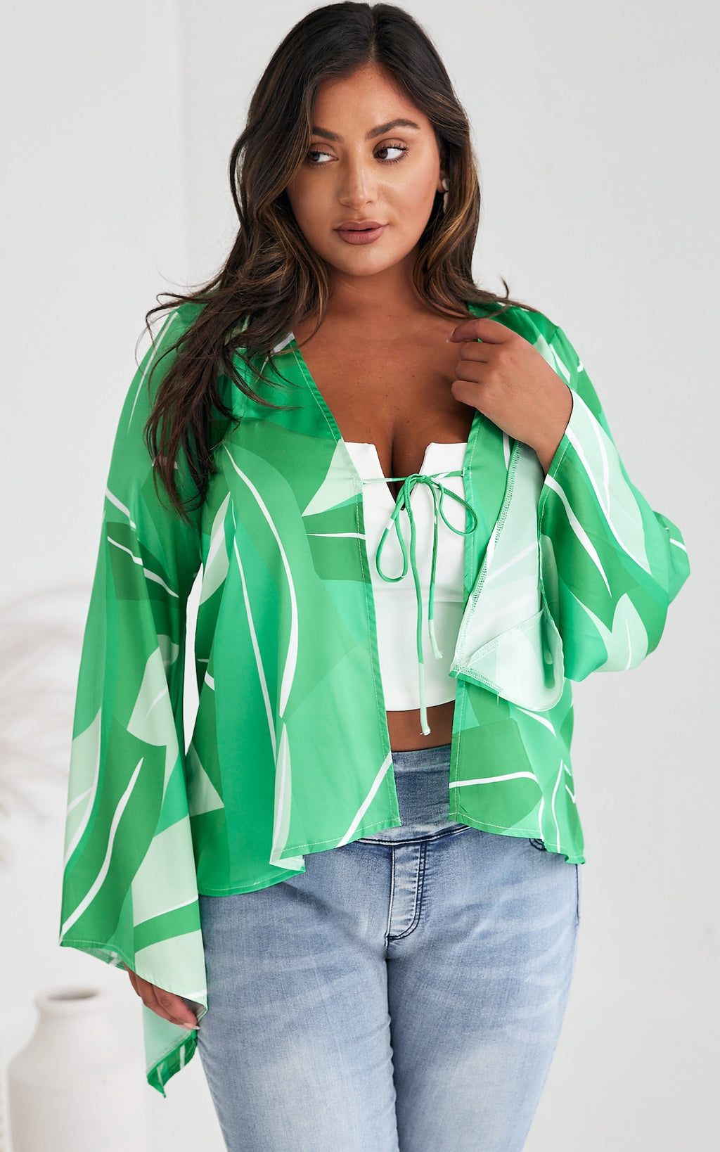 Swinton Tie Front Top - Green Print
