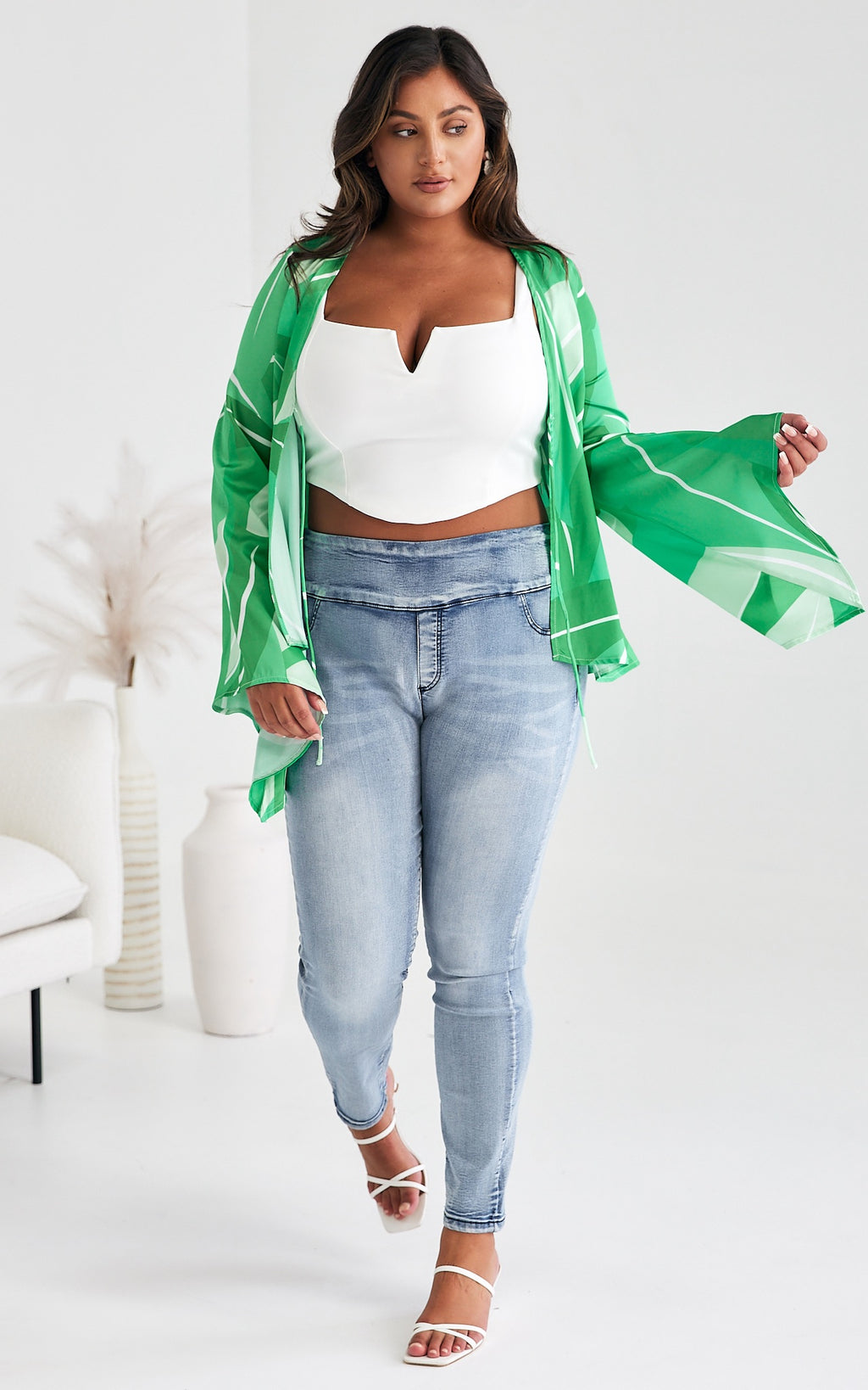 Swinton Tie Front Top - Green Print