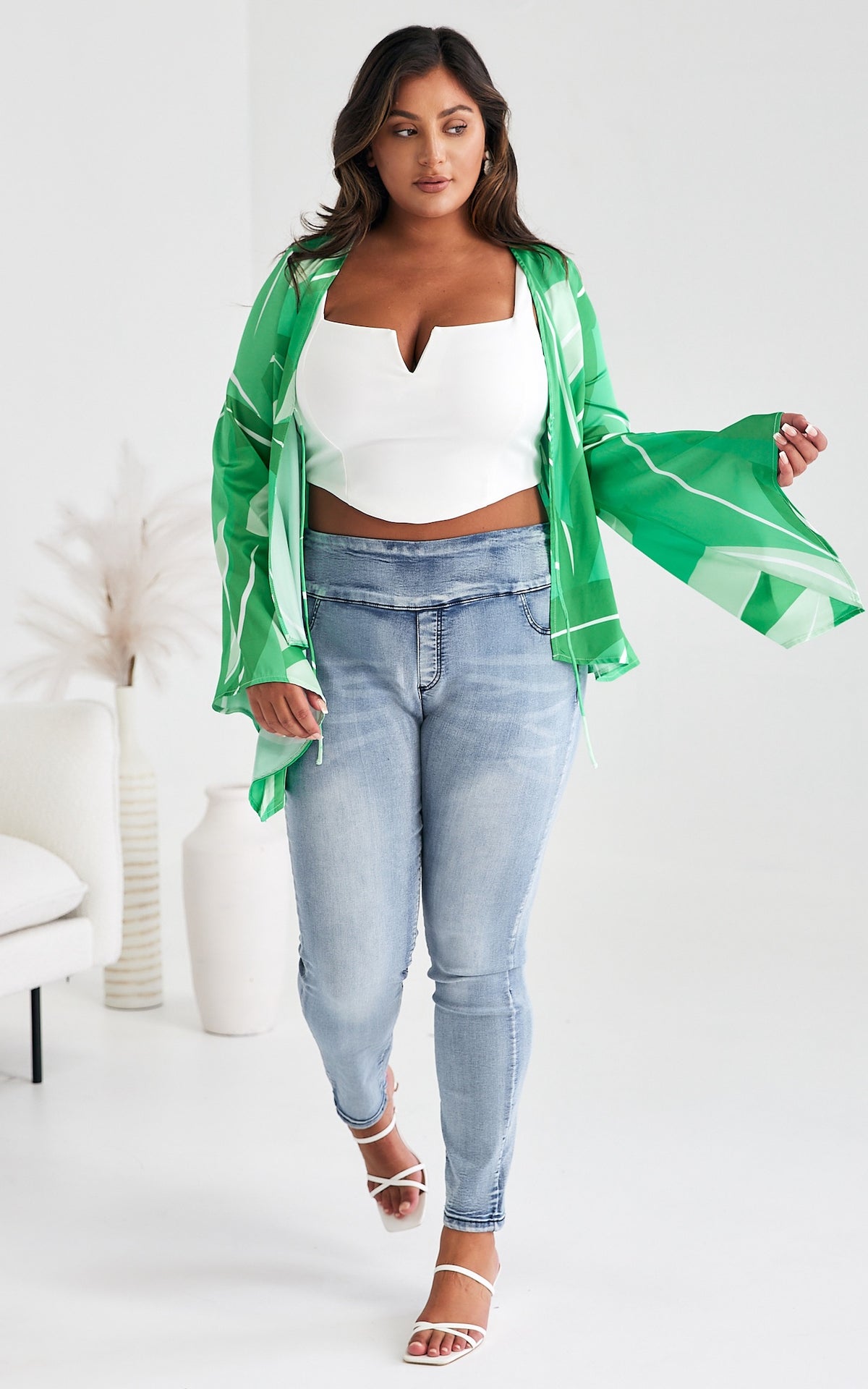 Swinton Tie Front Top - Green Print
