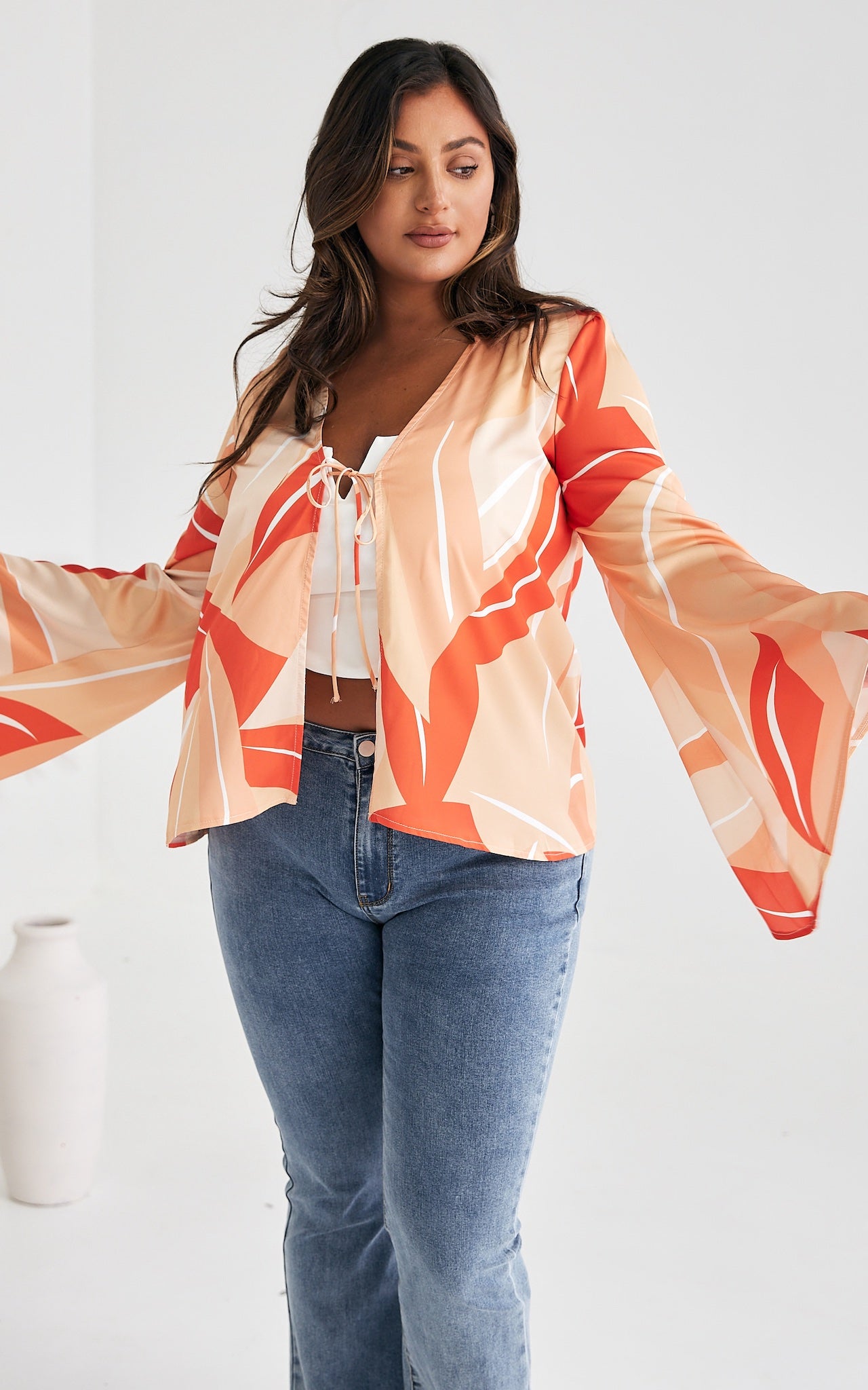 Swinton Tie Front Top - Orange Print