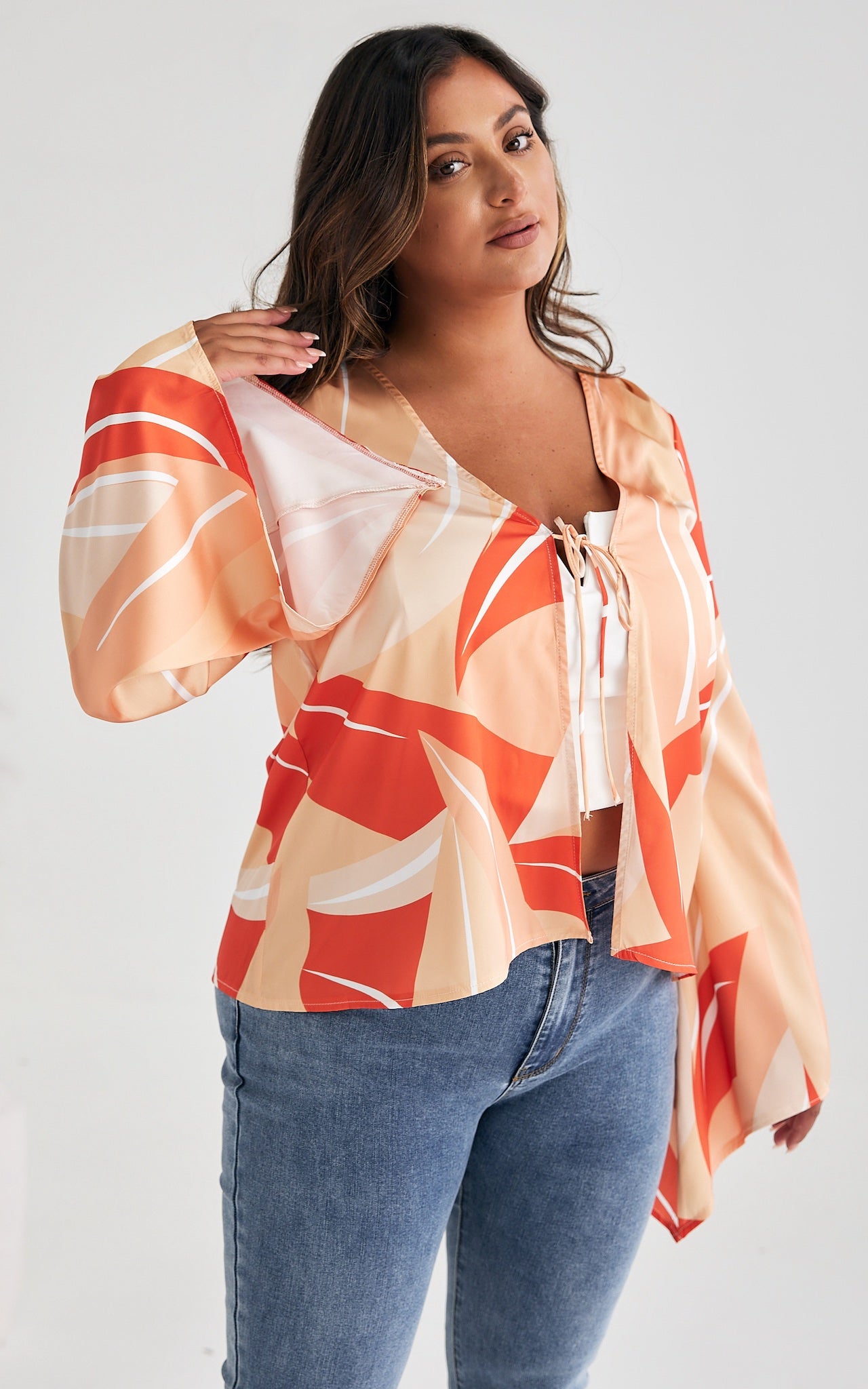 Swinton Tie Front Top - Orange Print