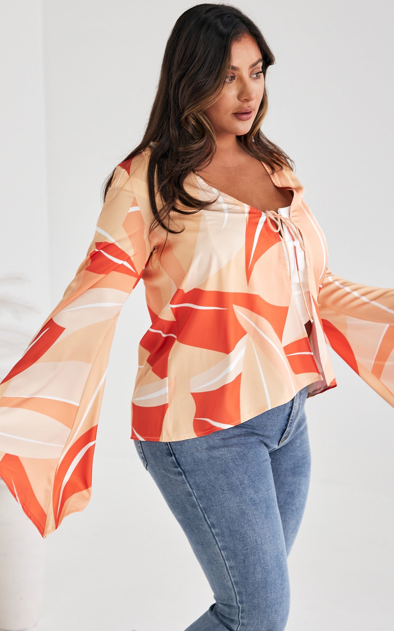 Swinton Tie Front Top - Orange Print