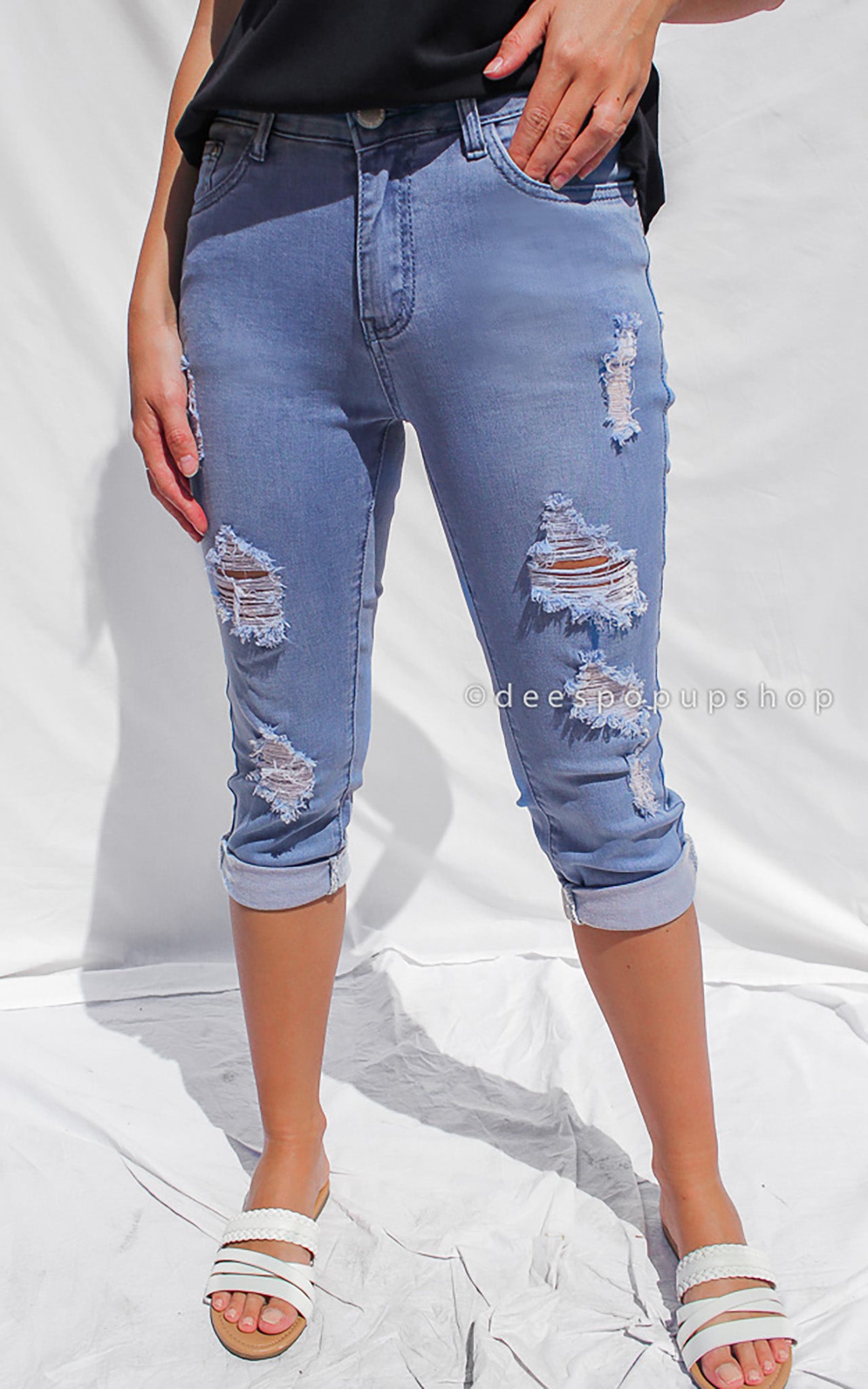 Symphony Distressed Denim 3/4 Shorts - Light Blue