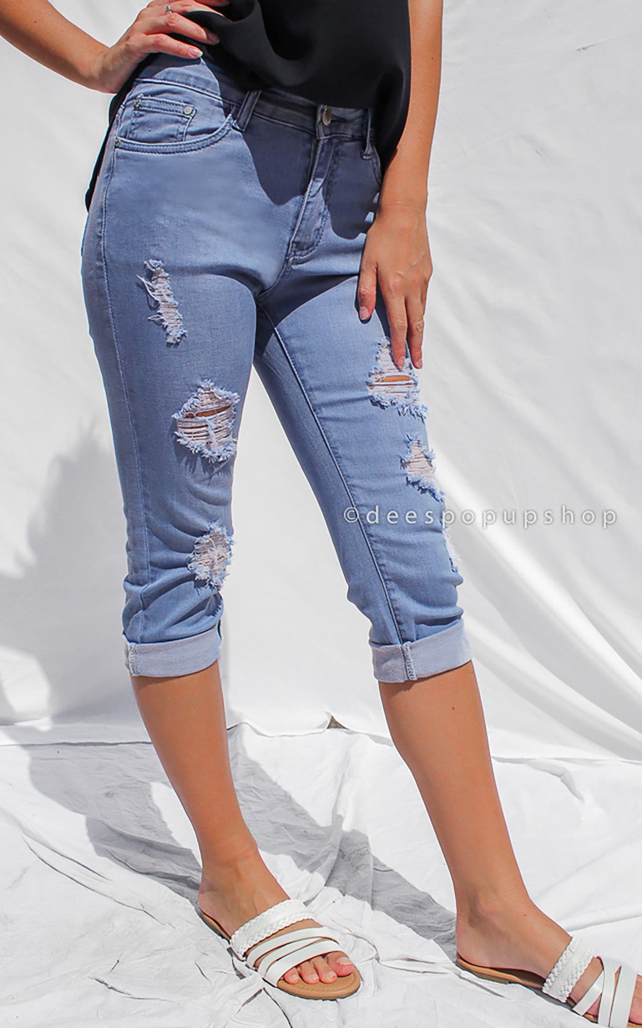 Symphony Distressed Denim 3/4 Shorts - Light Blue