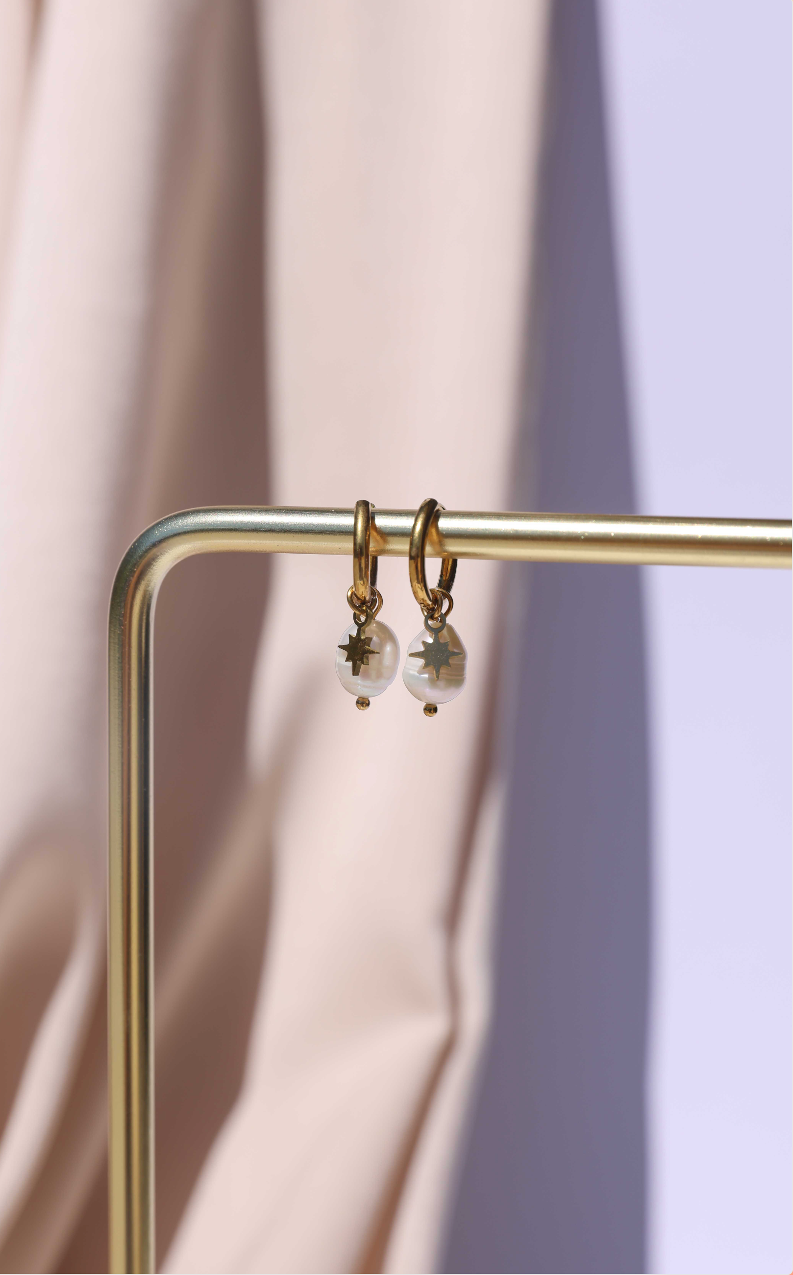 Nista Dainty Hoop Charm Earrings - Gold Pearl Star