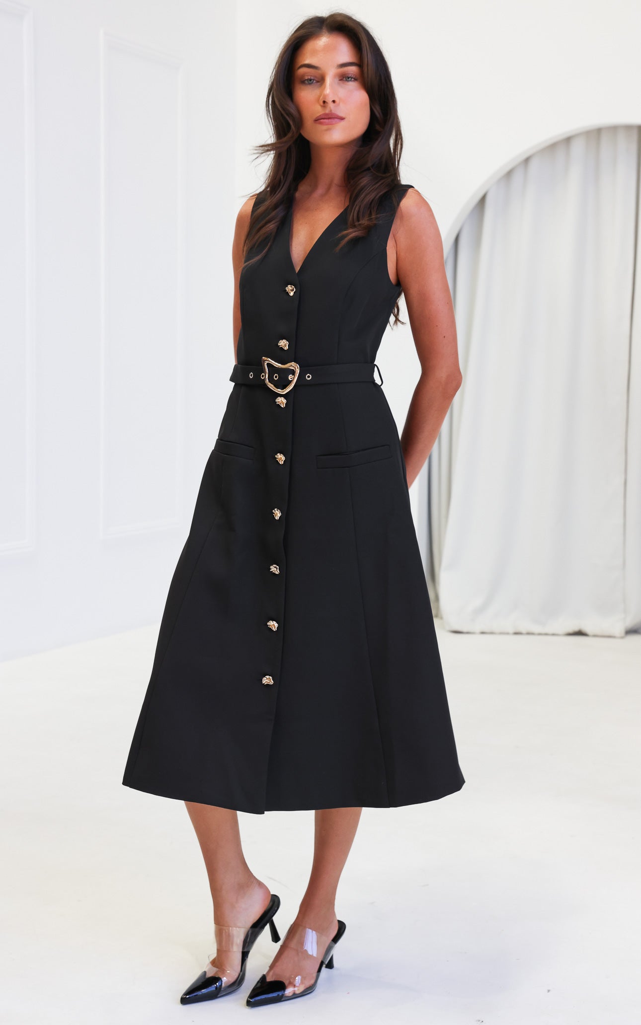 black vest dress midi ASOS DESIGN button front vest midi dress in black