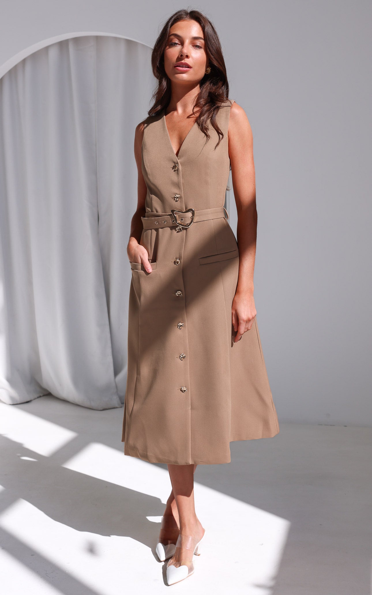 Seddiq Vest Midi Dress - Khaki Brown