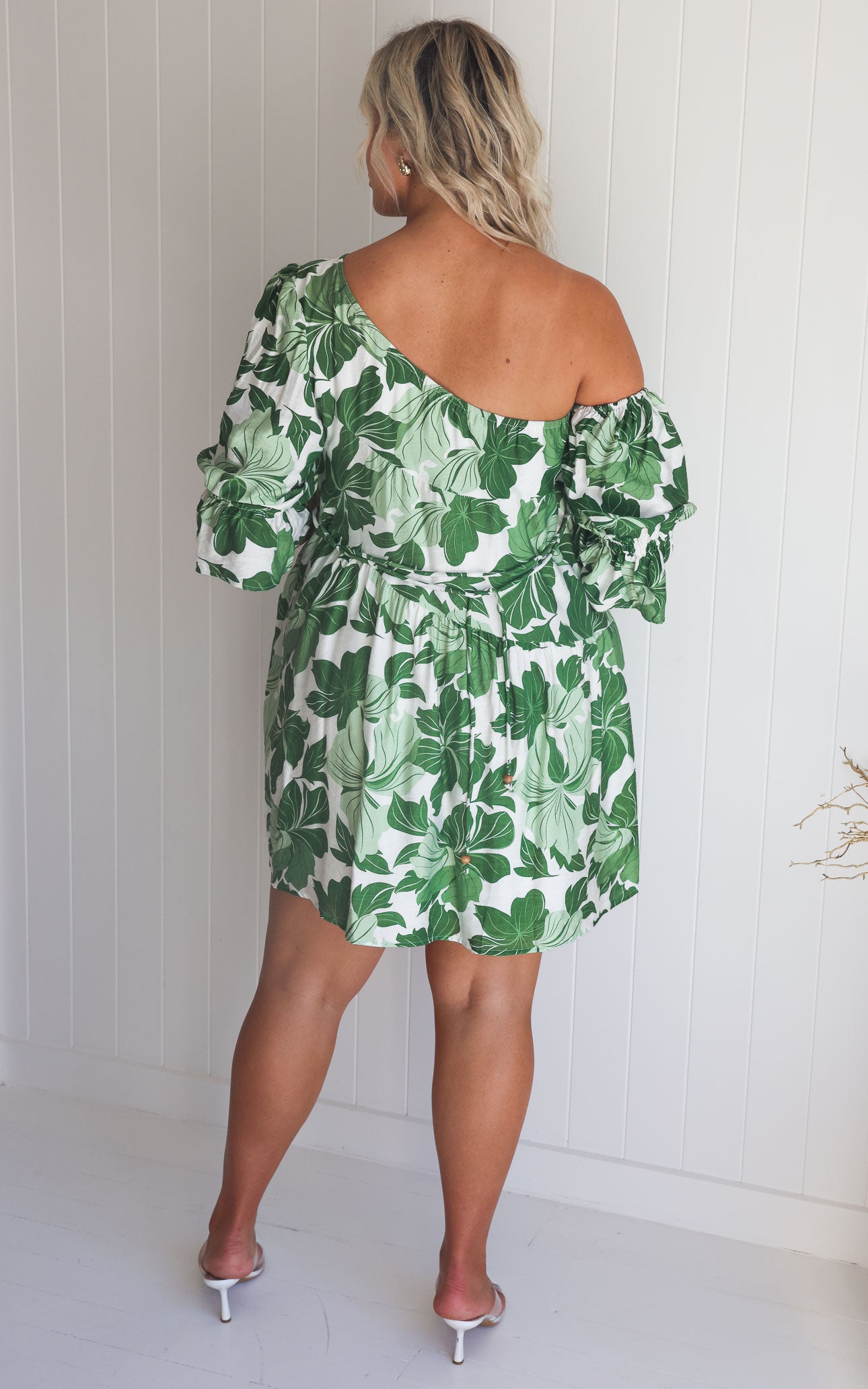 Talitha Mini Dress - White Green Leaf