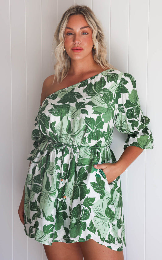 Talitha Mini Dress - White Green Leaf