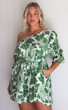 Talitha Mini Dress - White Green Leaf