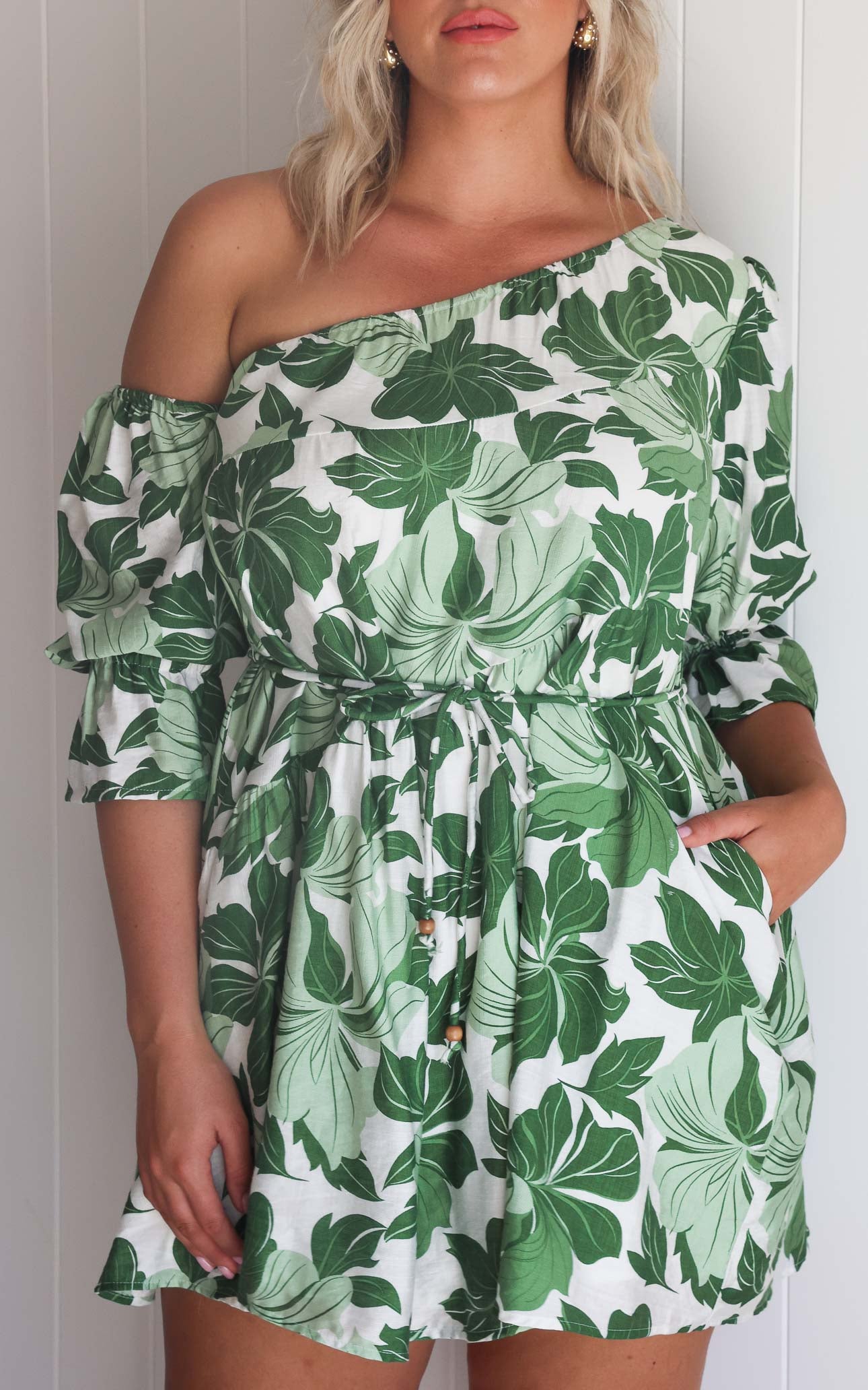 Talitha Mini Dress - White Green Leaf