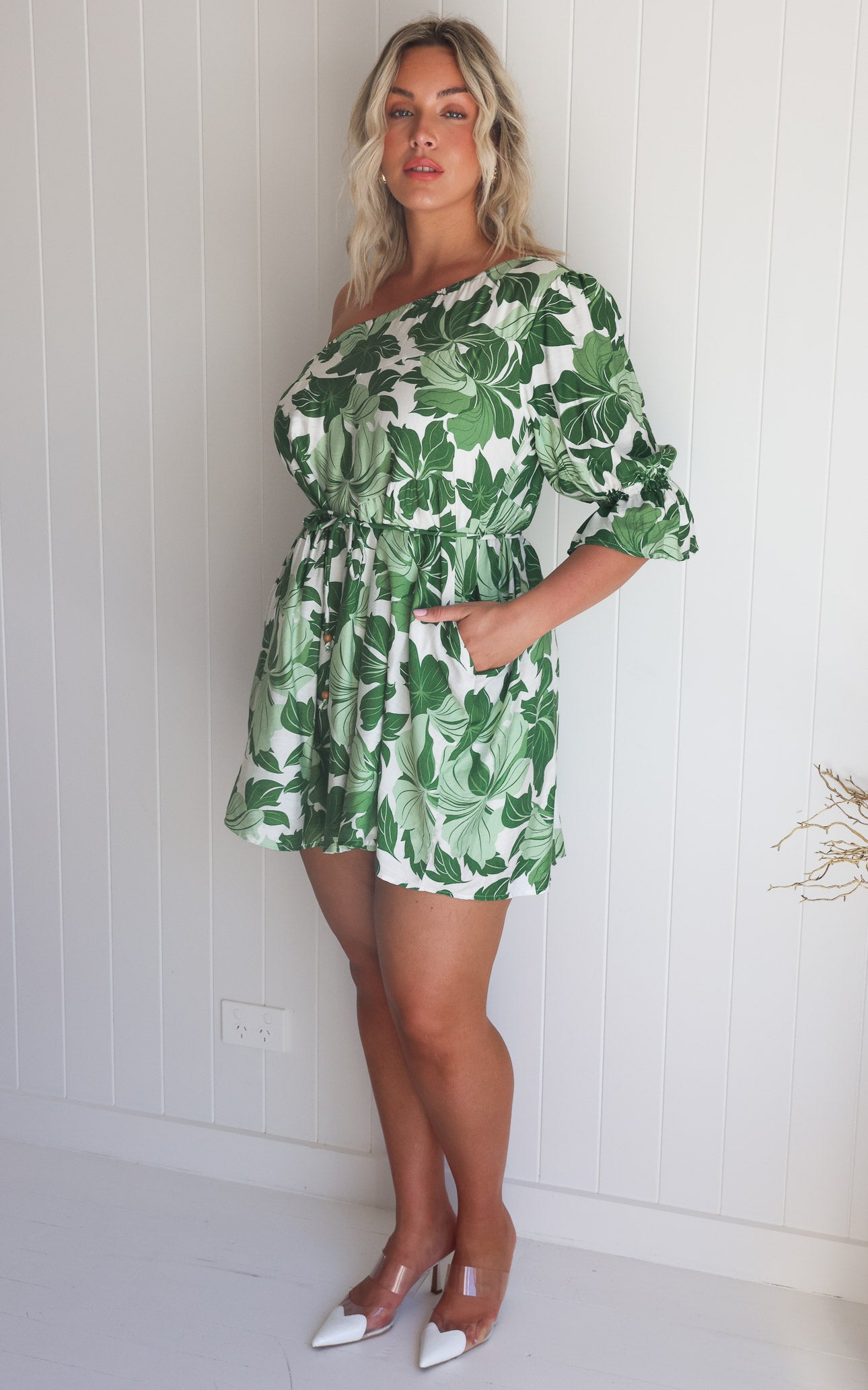 Talitha Mini Dress - White Green Leaf