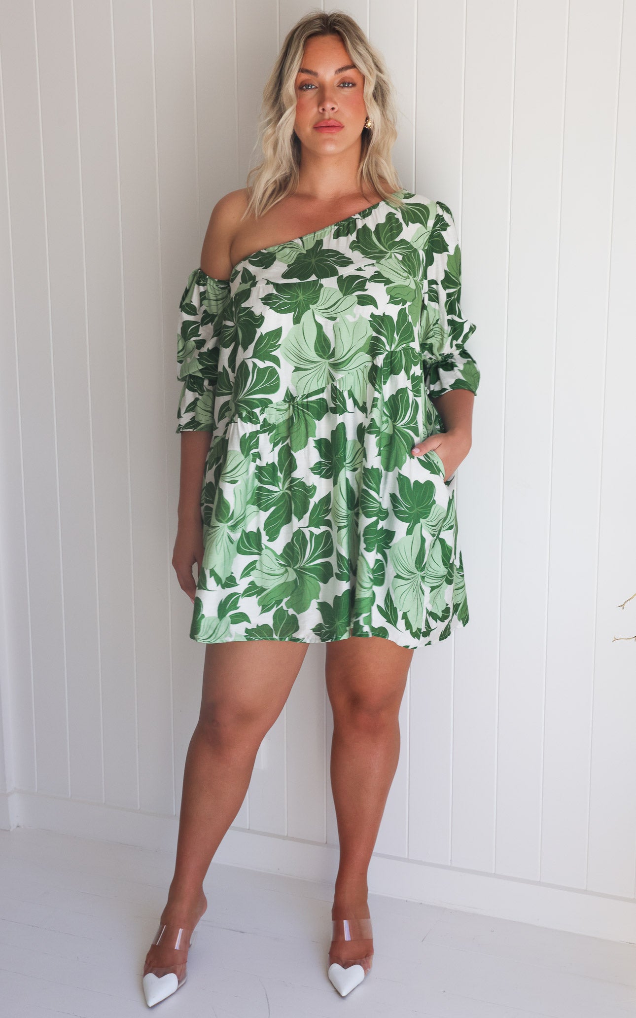Talitha Mini Dress - White Green Leaf