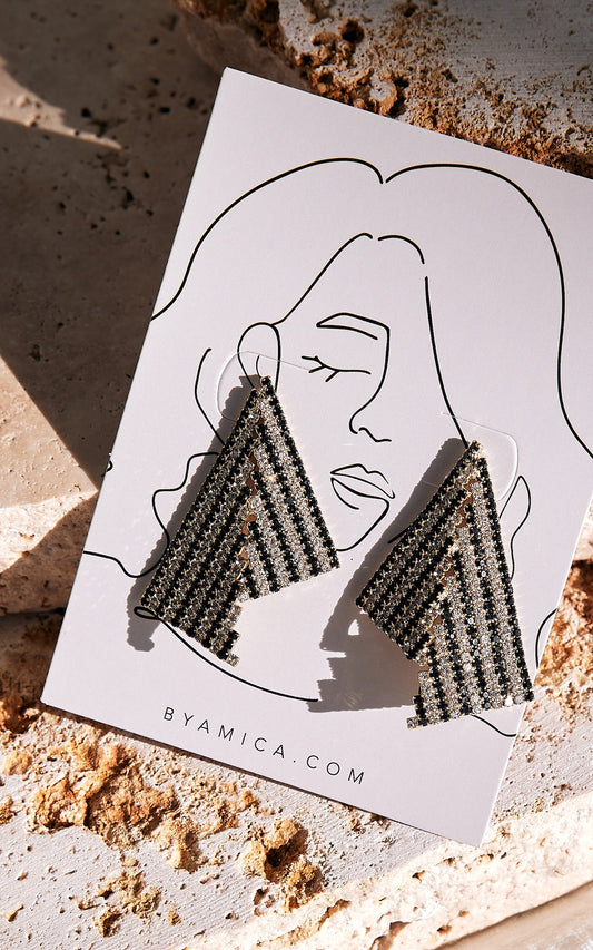 Talk That Talk Stud Earrings - Black Multi Geometric Diamante