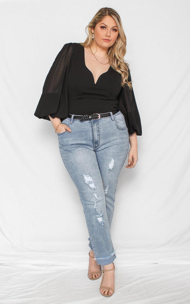 Tammy Long Balloon Sleeve Top - Black