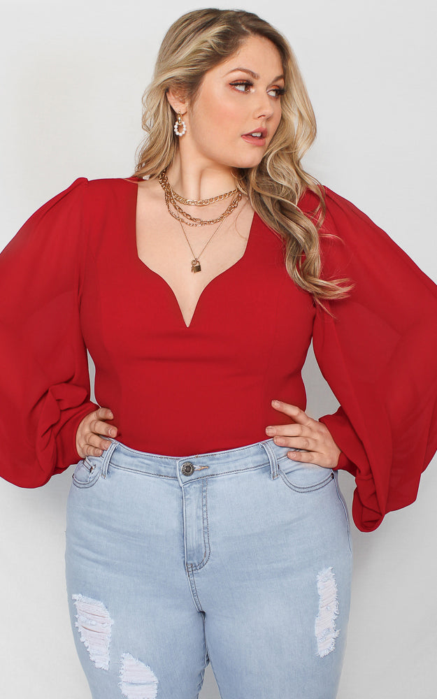 Tammy Long Balloon Sleeve Top - Red