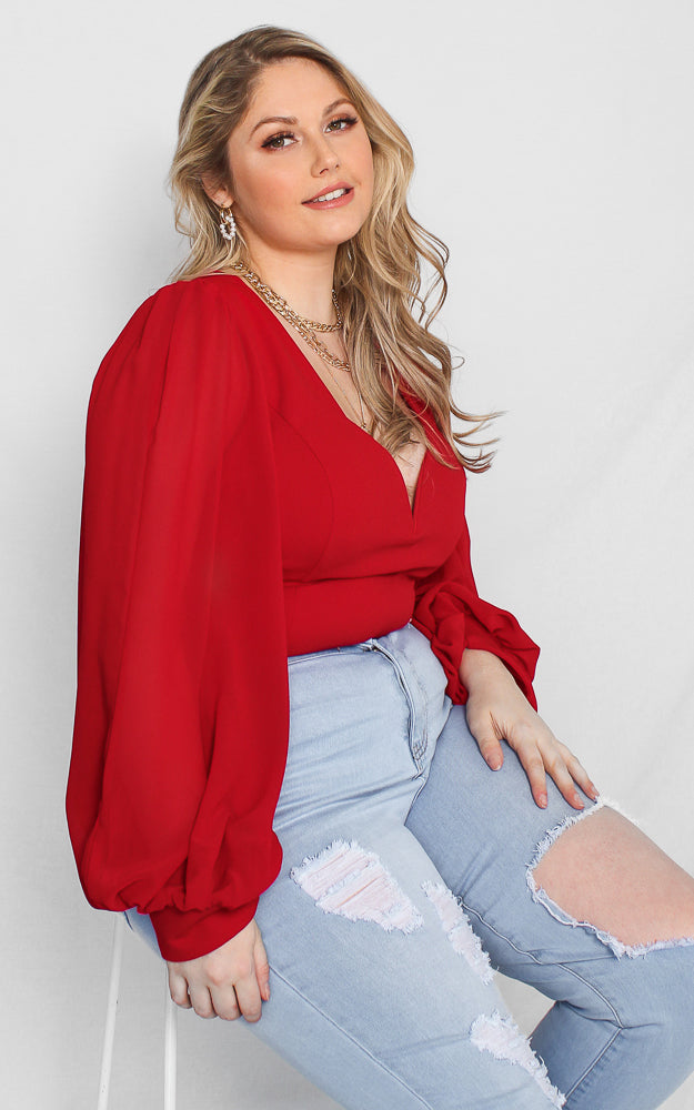 Tammy Long Balloon Sleeve Top - Red