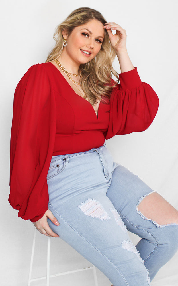 Tammy Long Balloon Sleeve Top - Red