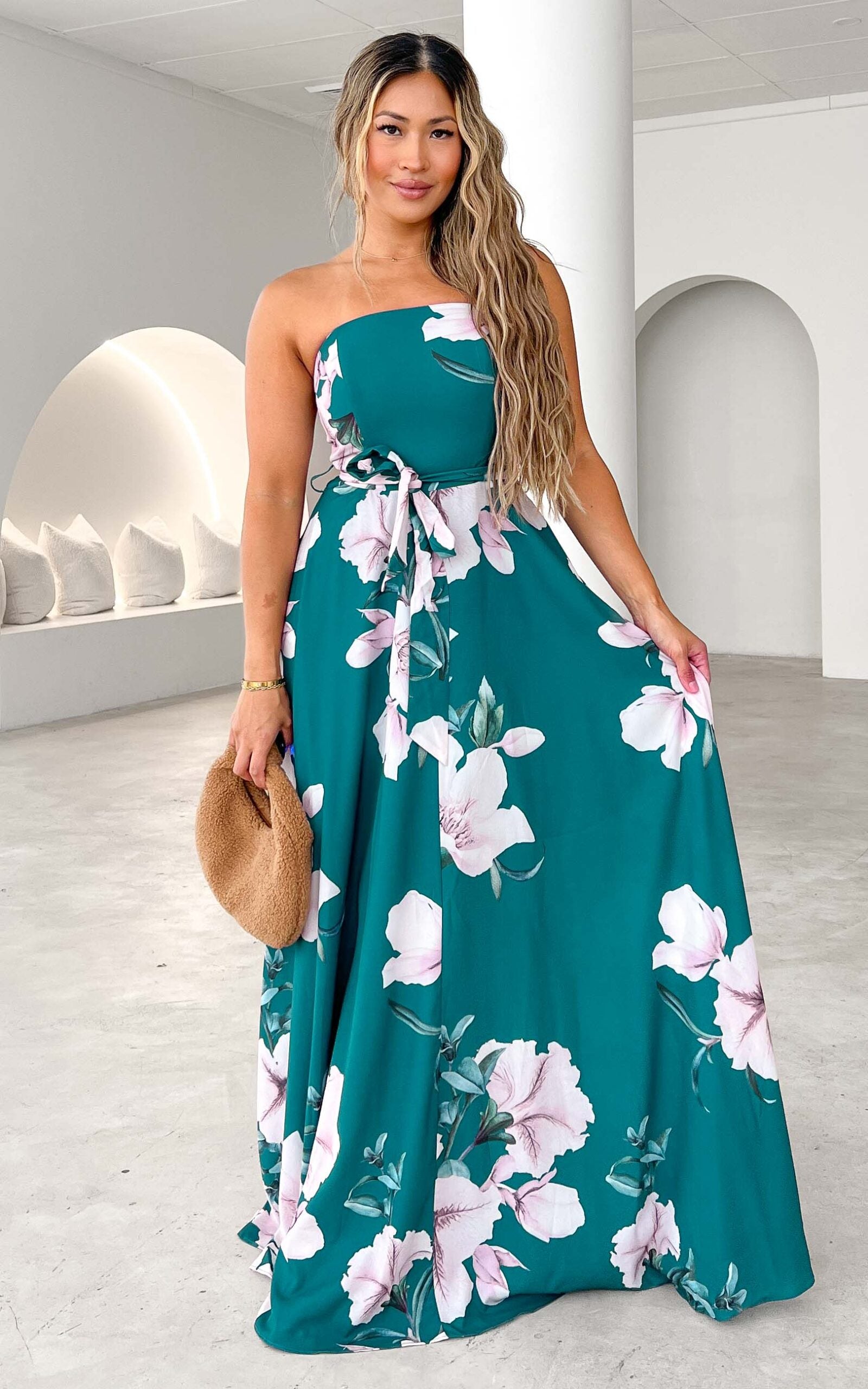 TAMRA STRAPLESS FIT AND FLARE WITH SIDE SPLIT MAXI DRESS GREEN