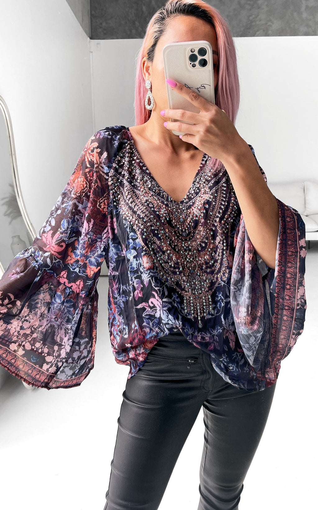 Tanika Gem Embellished Top - Black Floral