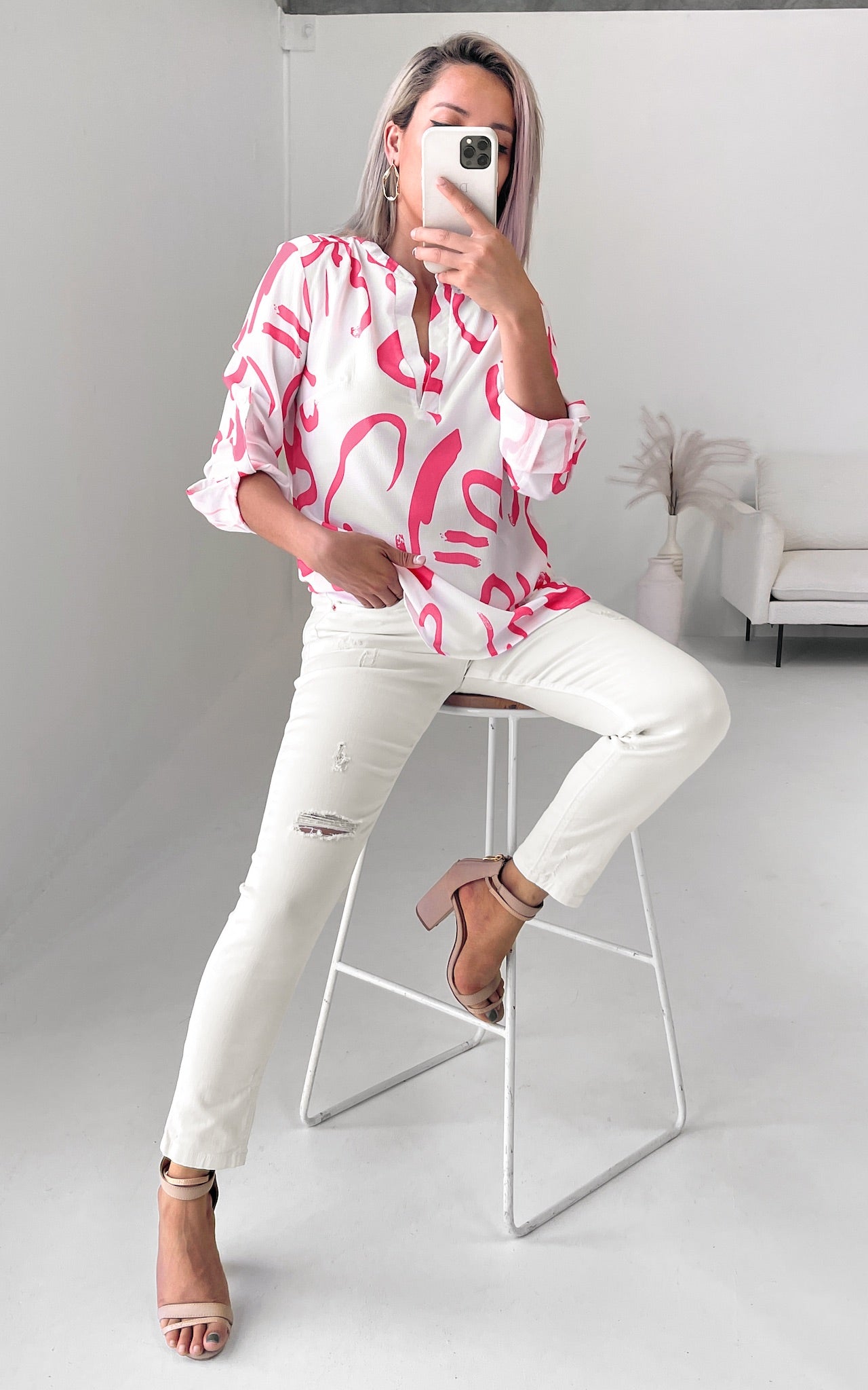 Tapioca Top - White Pink Print