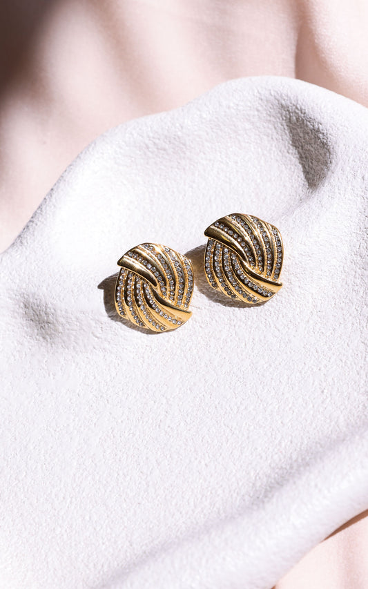 Tenile Stud Earrings - Gold Ribbed Twist Diamante