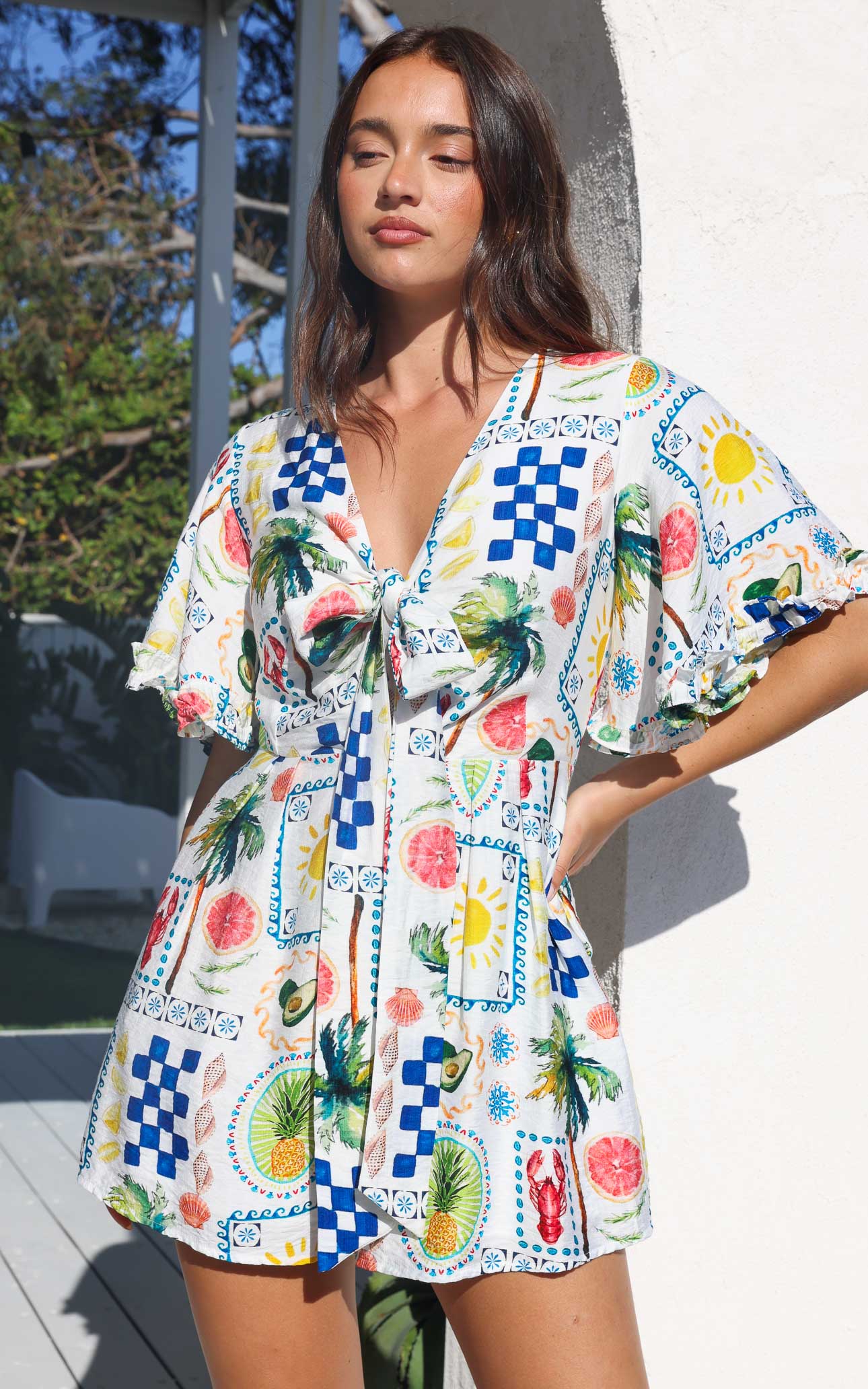 Tessa Playsuit - White Summer Holiday Print