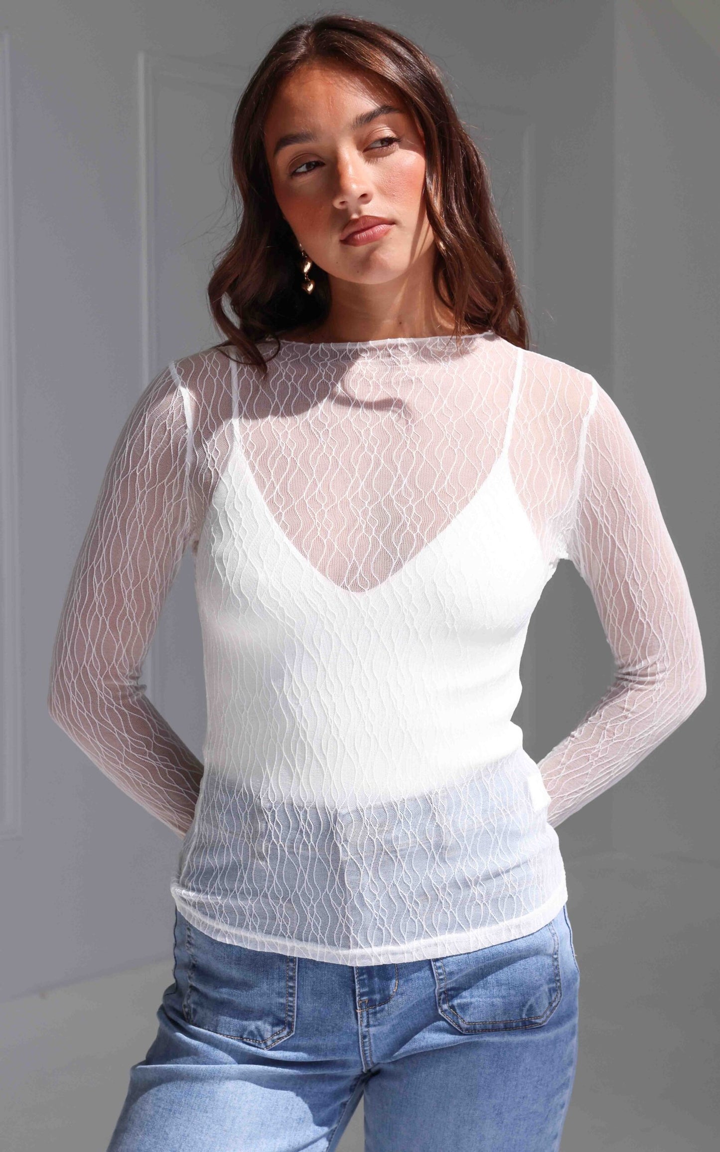 Thurman Sheer Mesh Top - White Texture