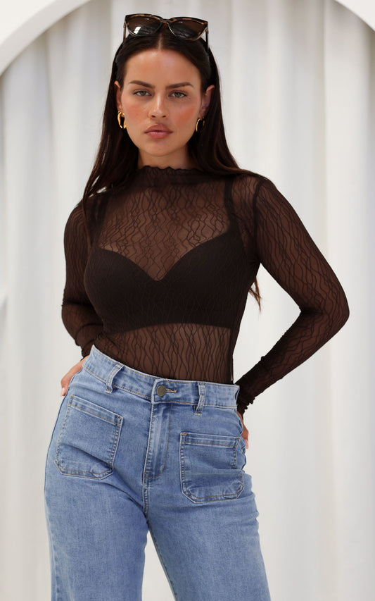 Thurman Sheer Mesh Top - Chocolate Brown Texture