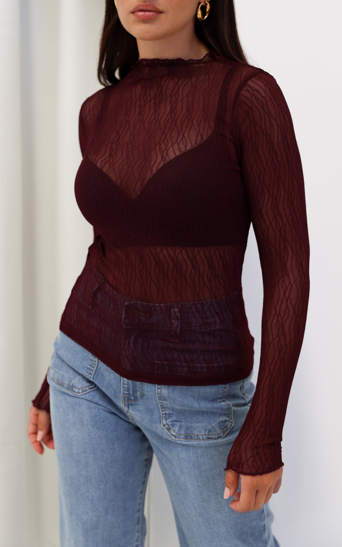 Thurman Sheer Mesh Top - Deep Wine Texture