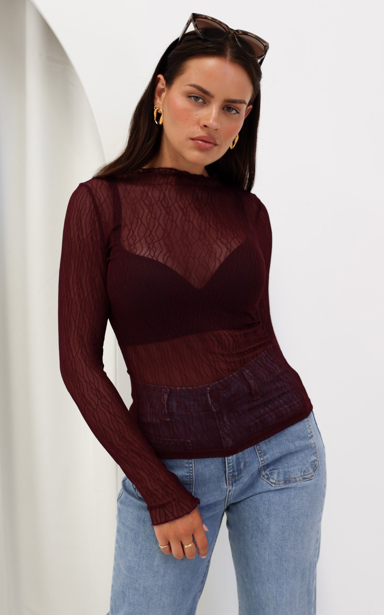 Thurman Sheer Mesh Top - Deep Wine Texture