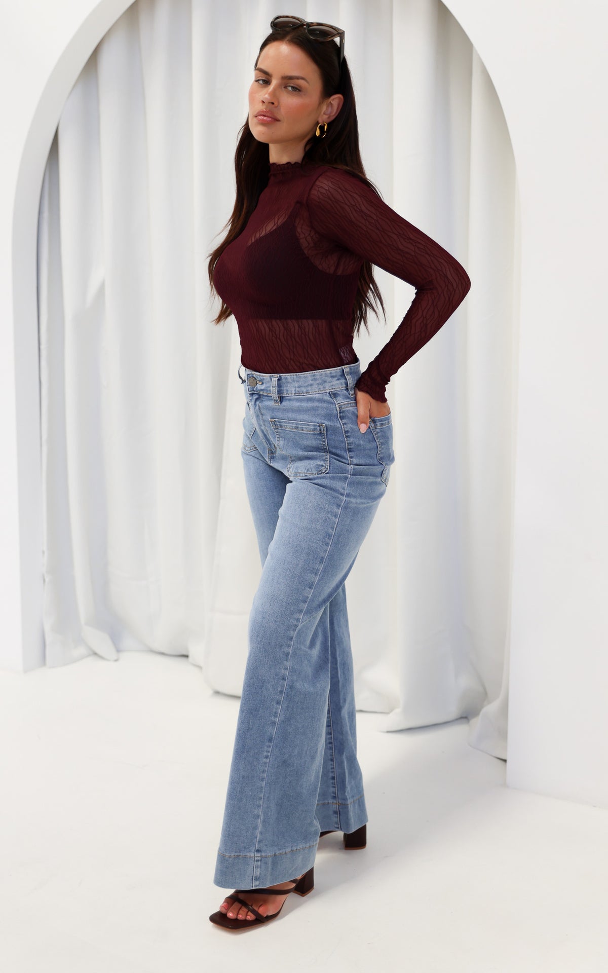 Thurman Sheer Mesh Top - Deep Wine Texture