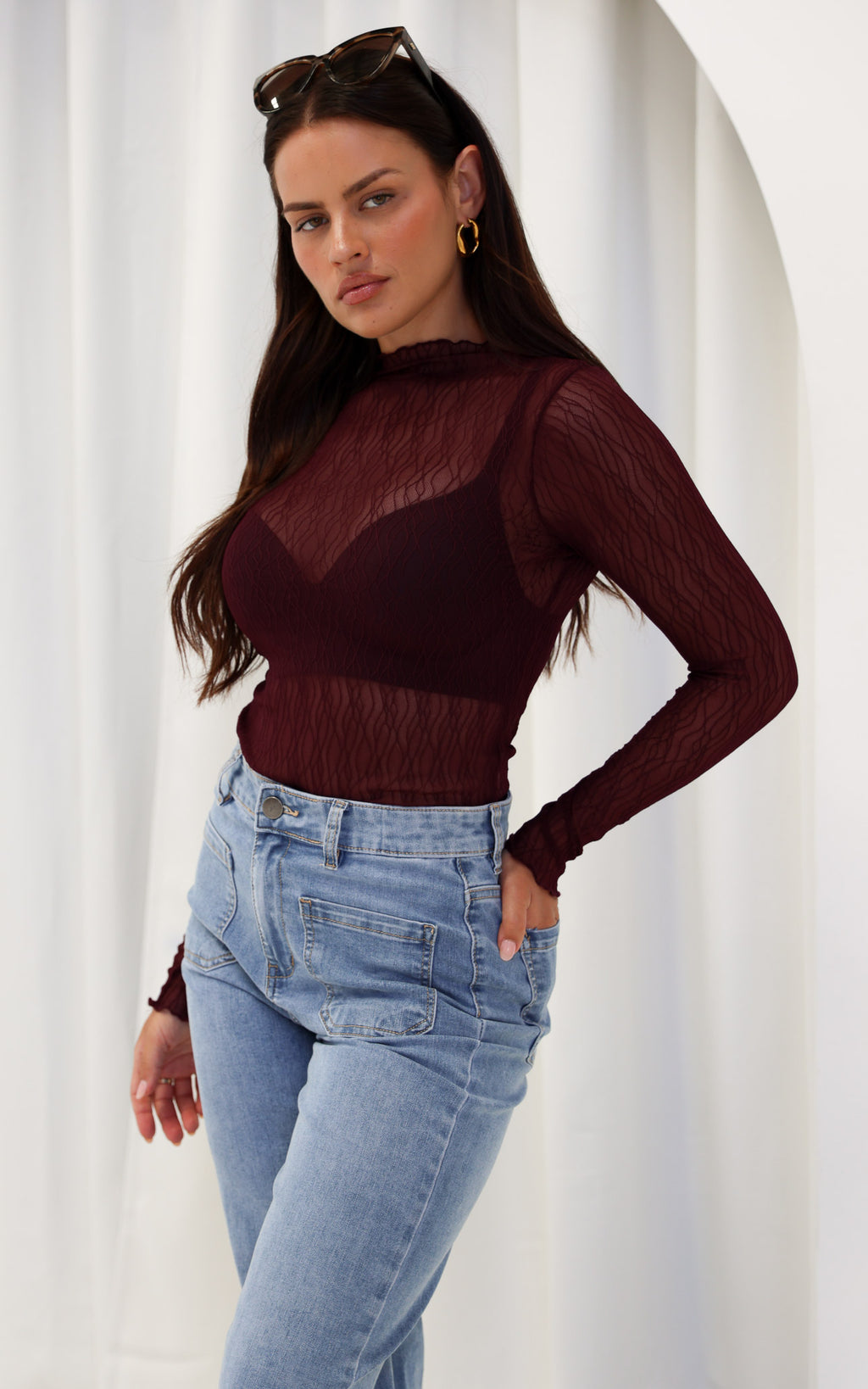 Thurman Sheer Mesh Top - Deep Wine Texture