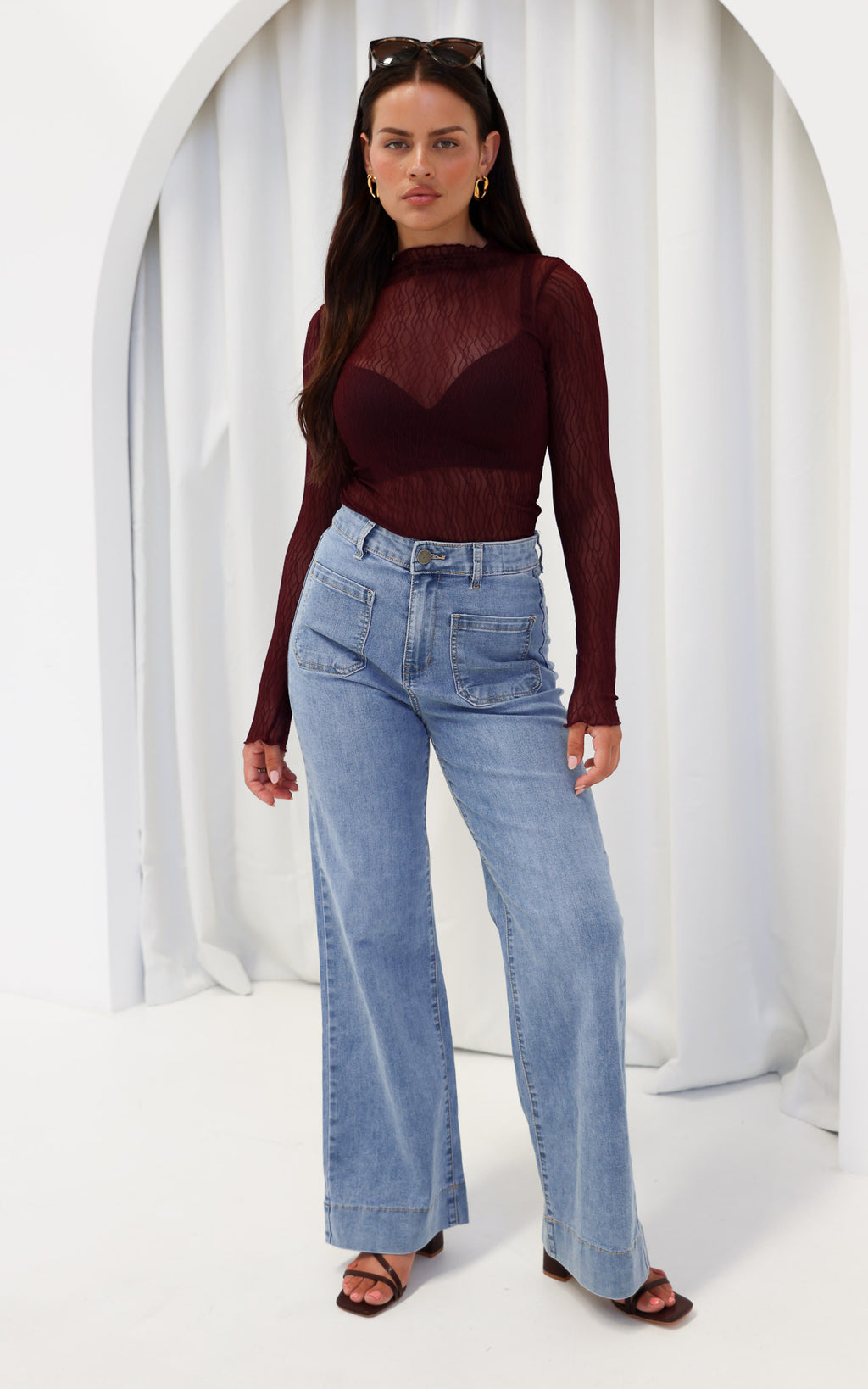 Thurman Sheer Mesh Top - Deep Wine Texture
